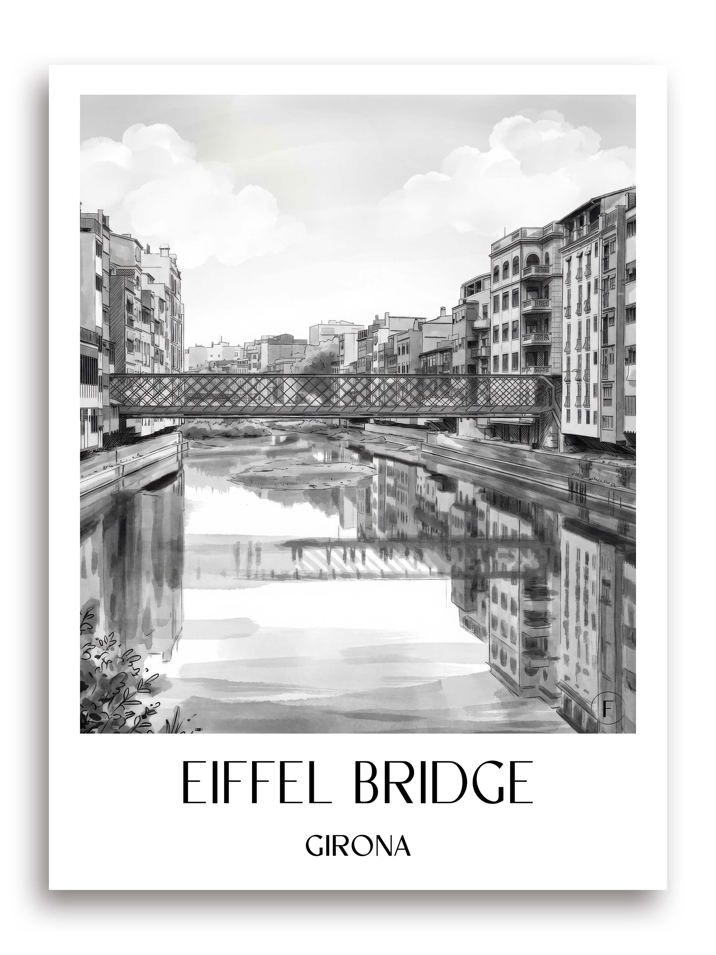 Pont de les Peixateries Velles Poster - Girona - Spanien Kunstdruck - Aquarell Schwarz-Weiß von A4 bis A1 - favplace