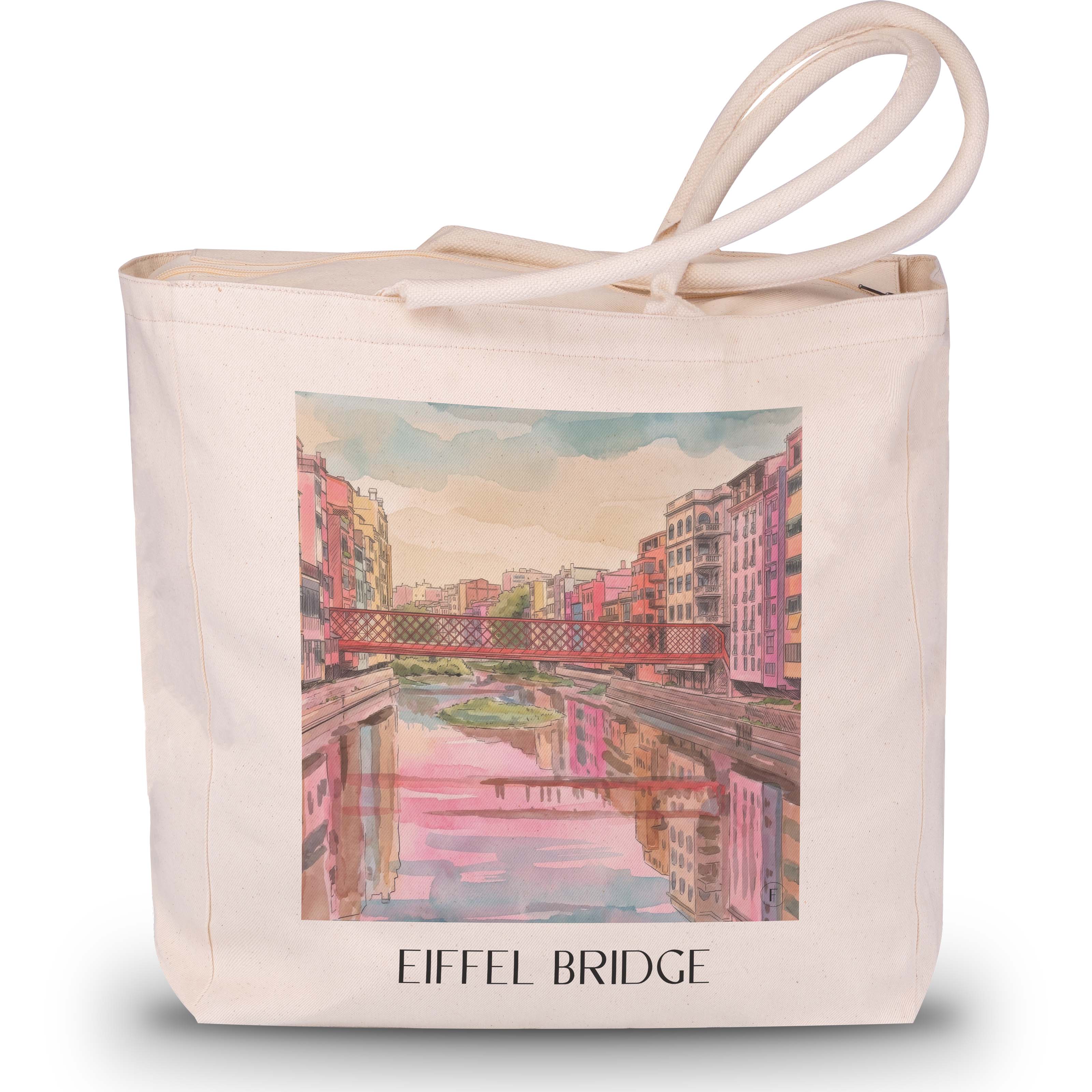 Pont de les Peixateries Velles Shopping Tasche - Girona - Spanien Tote Bag - Einkaufstasche im Aquarell Pink Stil - favplace