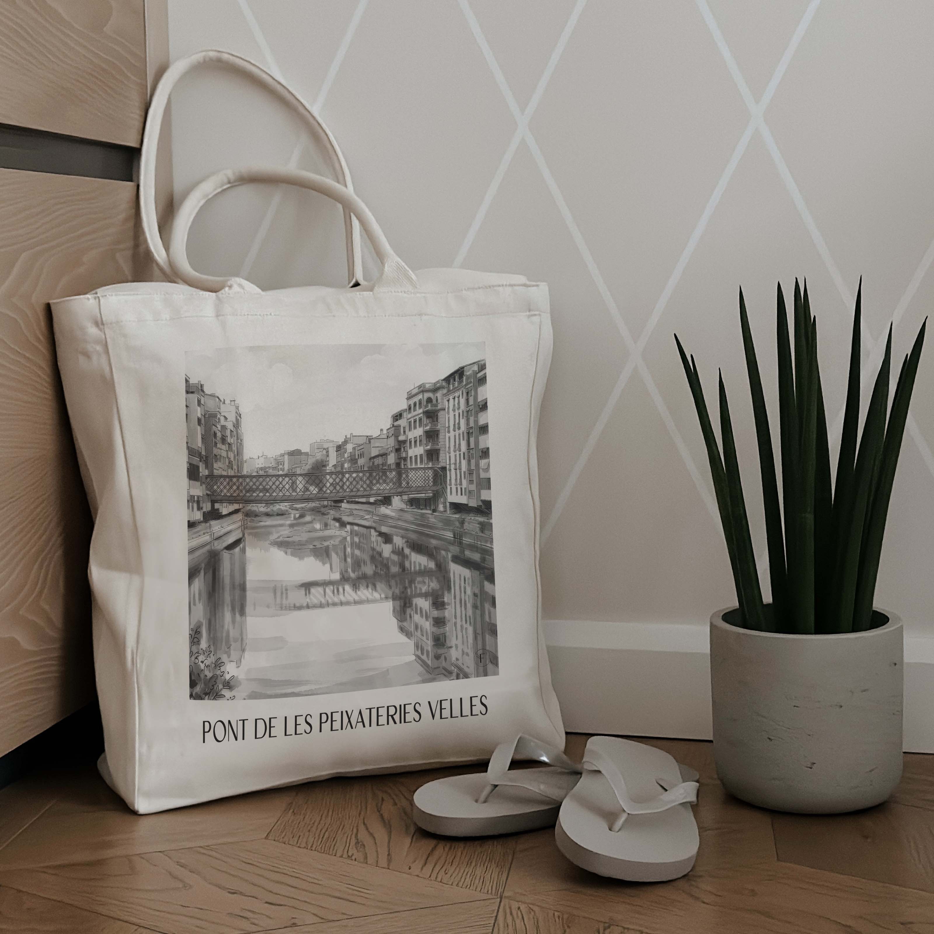 pont-de-les-peixateries-velles-girona-spanien-einkaufstasche-aquarell-schwarz-weiss