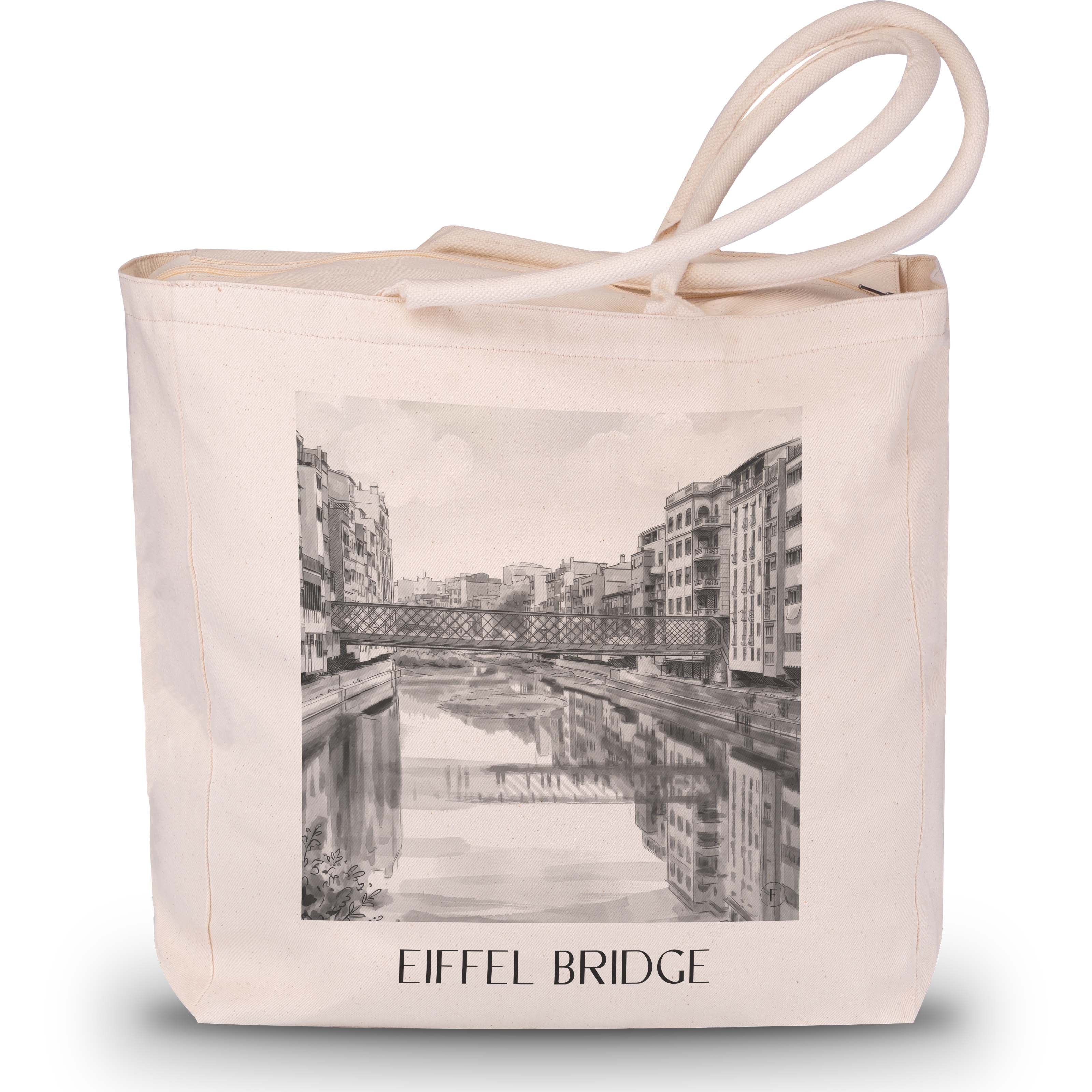 Pont de les Peixateries Velles Shopping Tasche - Girona - Spanien Tote Bag - Einkaufstasche im Aquarell Schwarz-Weiß Stil - favplace
