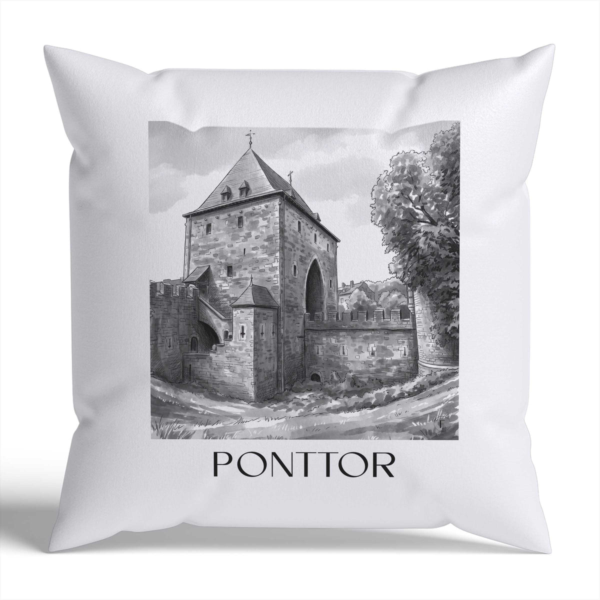 ponttor-aachen-deutschland-kissenbezug-aquarell-schwarz-weiss