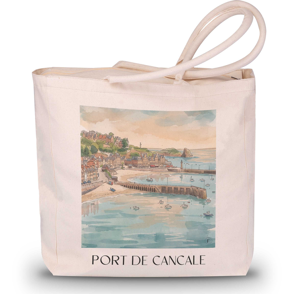 port-de-cancale-côte-d'émeraude-frankreich-einkaufstasche-aquarell