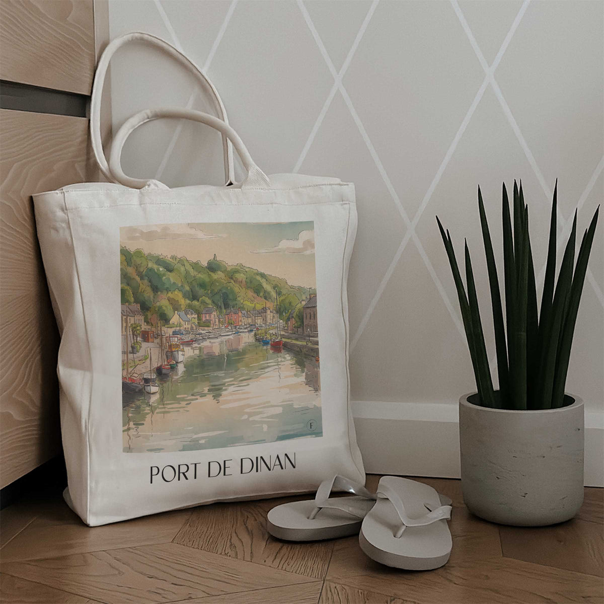 port-de-dinan-côte-d'émeraude-frankreich-einkaufstasche-aquarell