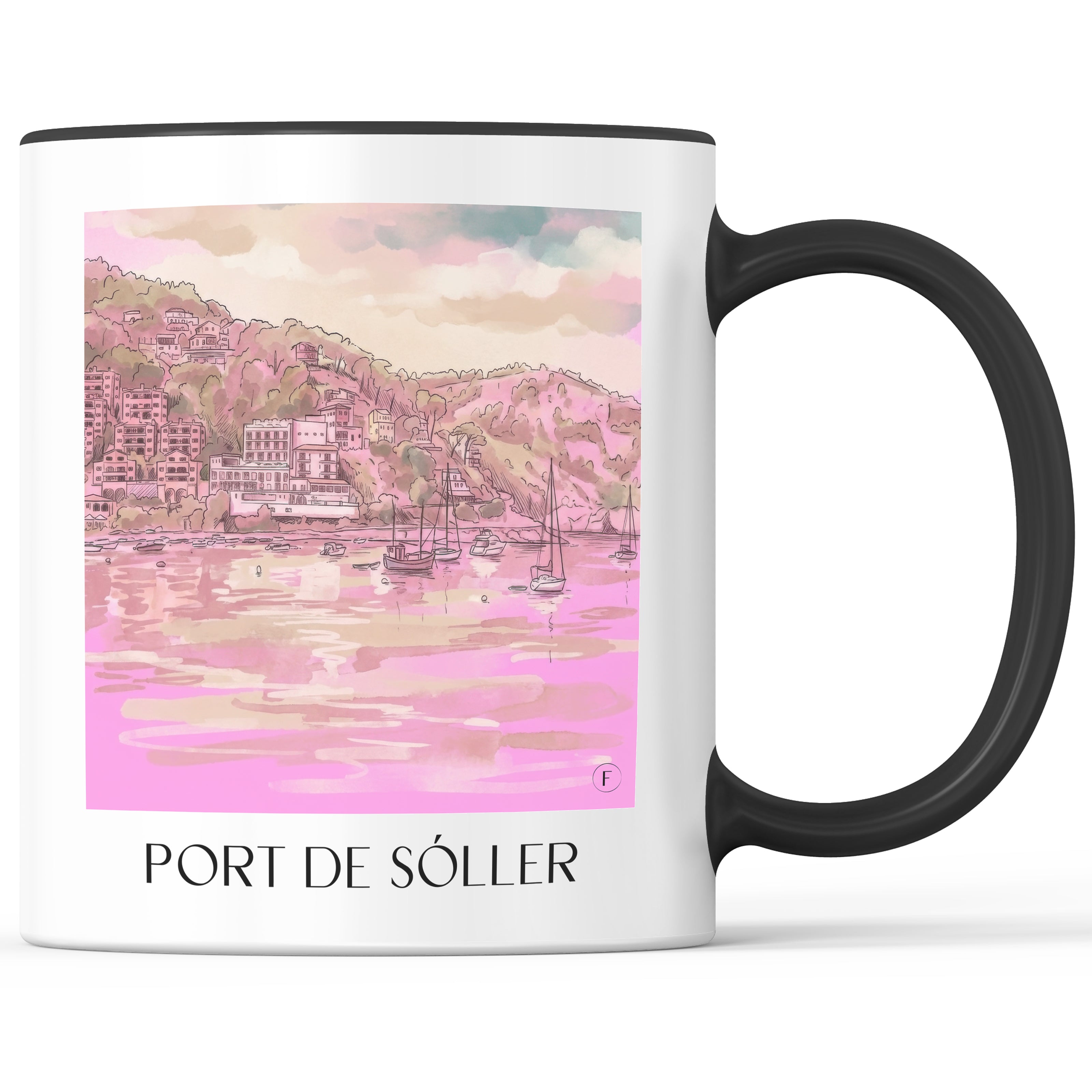 port-de-sóller-mallorca-spanien-kaffeebecher-aquarell-pink-rosa