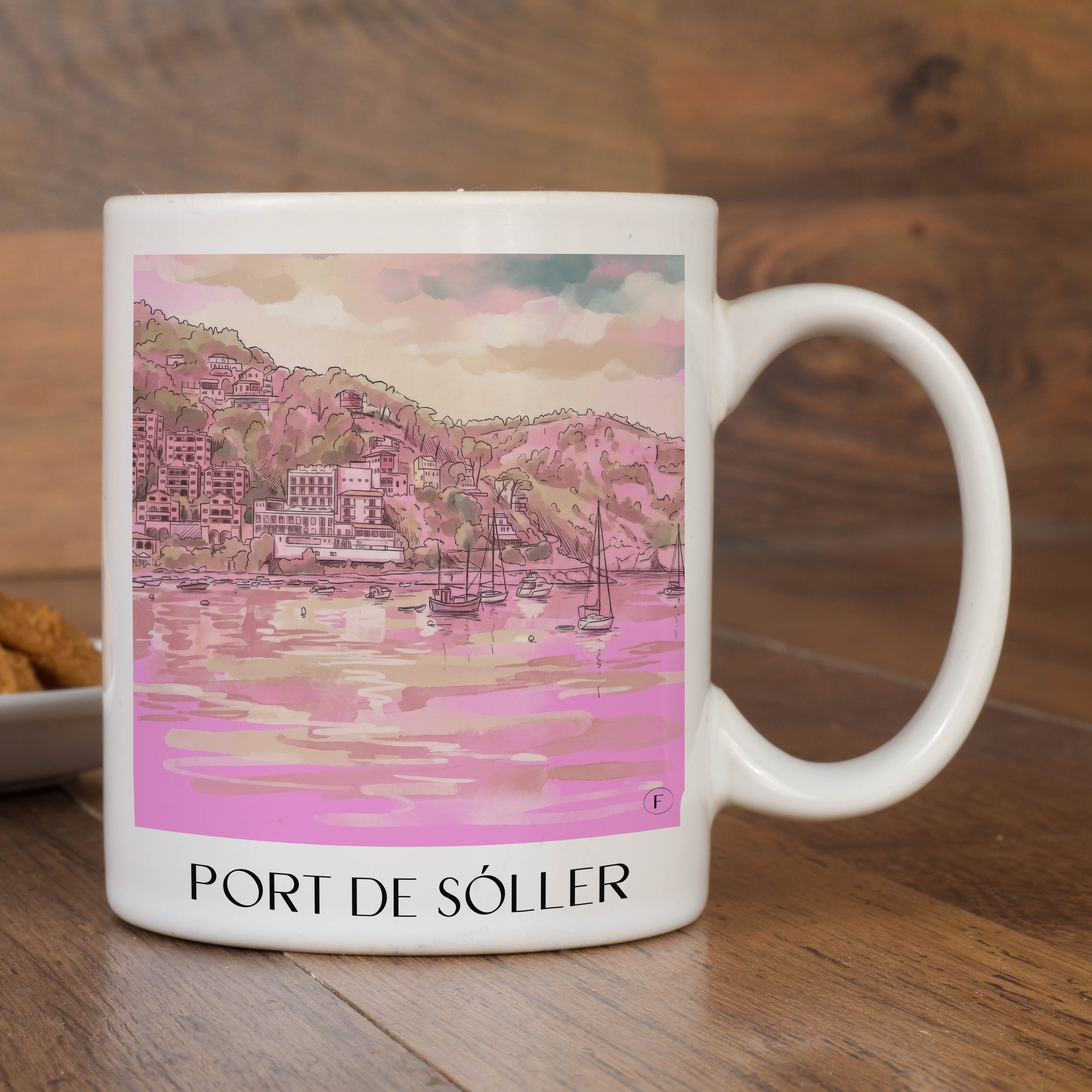 port-de-sóller-mallorca-spanien-kaffeebecher-aquarell-pink-rosa