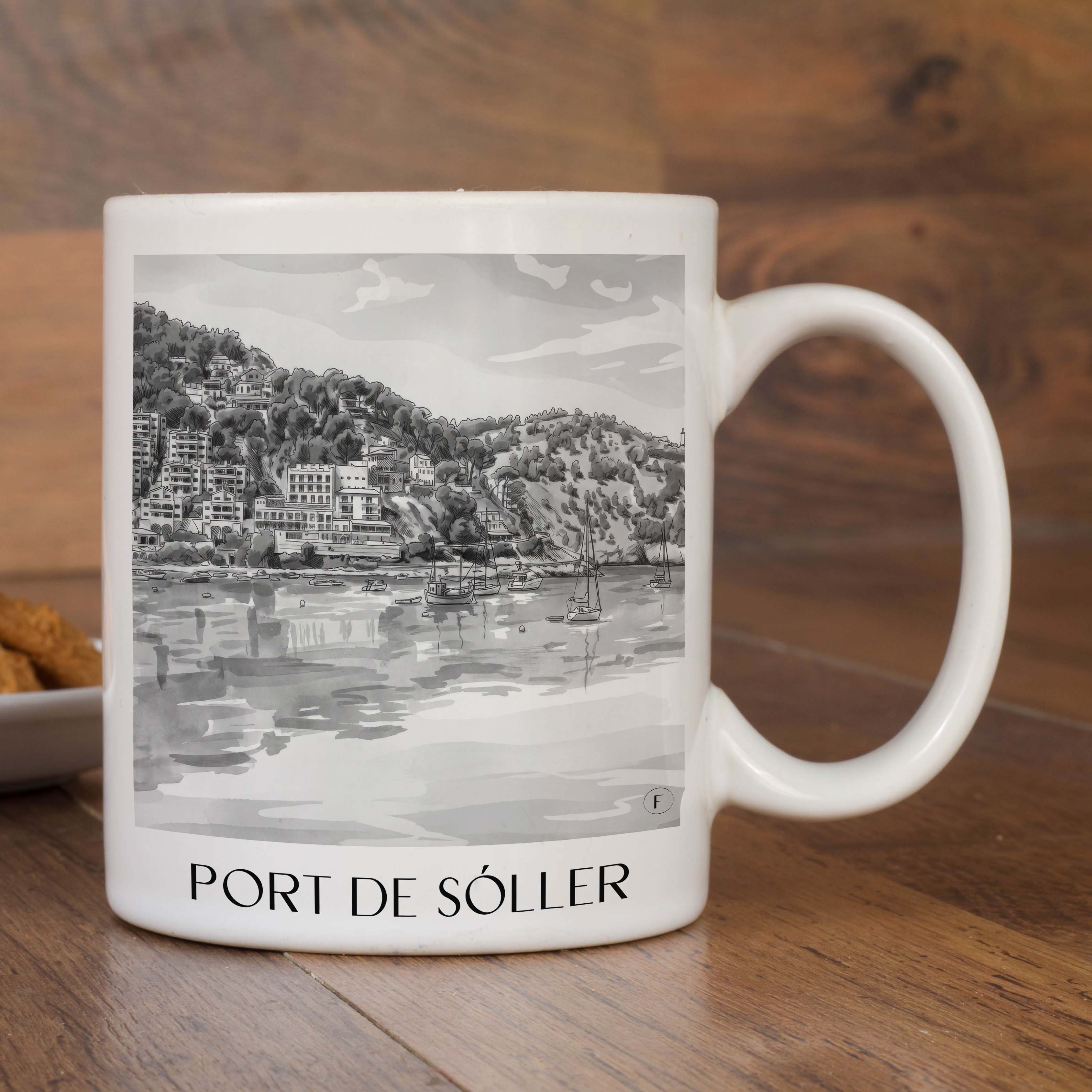 port-de-sóller-mallorca-spanien-kaffeebecher-aquarell-schwarz-weiss