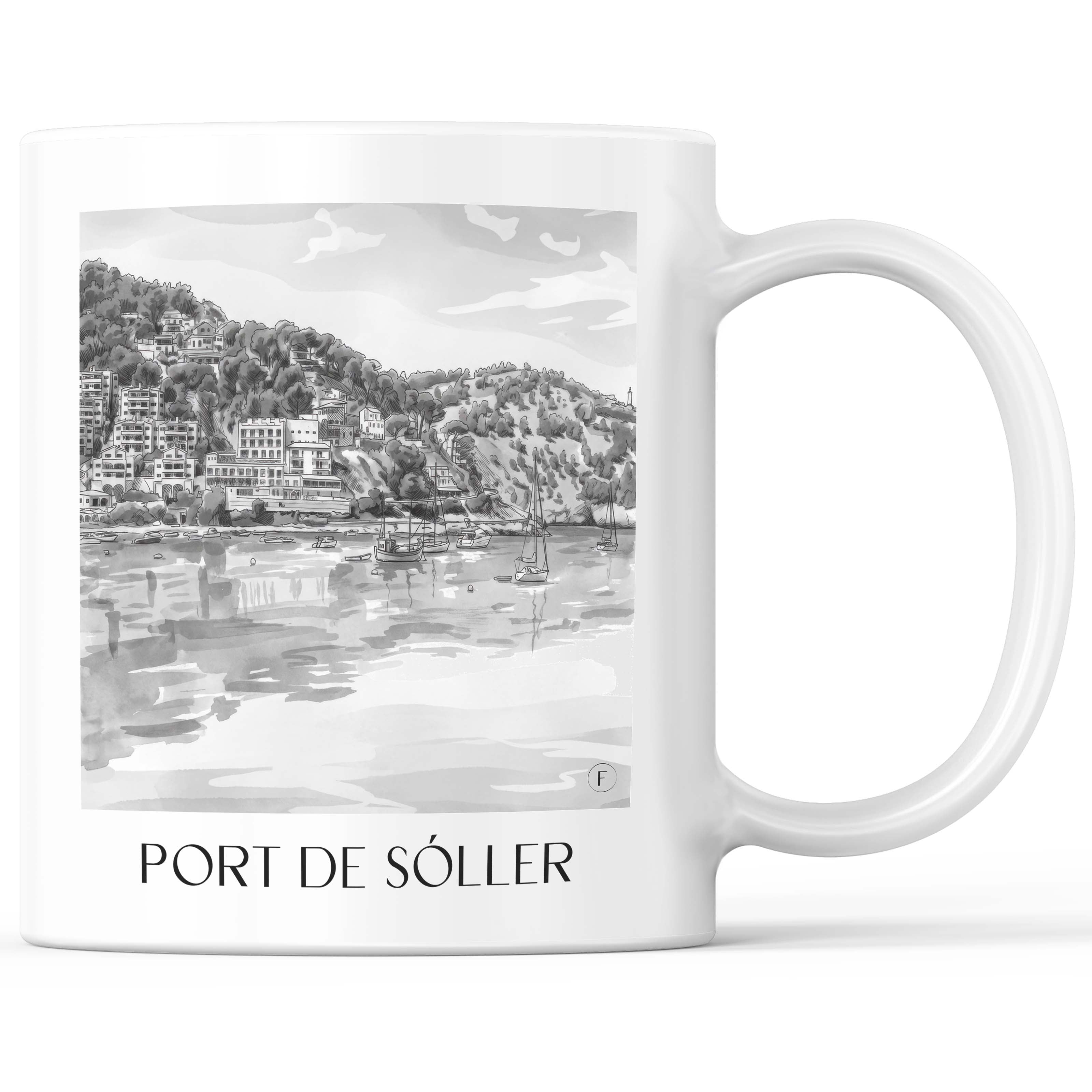 Port de Sóller Kaffeebecher - Mallorca - Spanien Becher - Kaffeetasse im Aquarell Schwarz-Weiß Stil - favplace