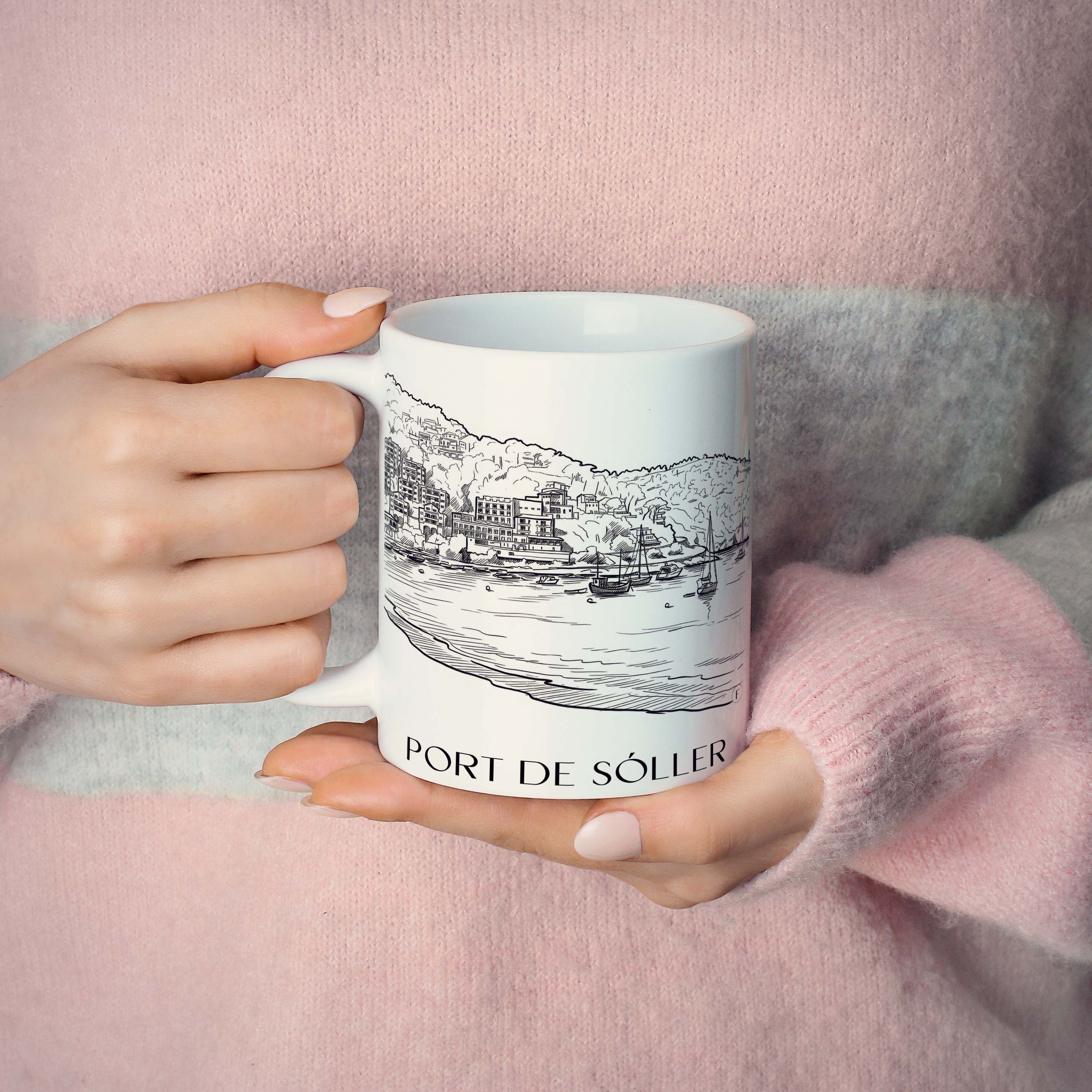 port-de-sóller-mallorca-spanien-kaffeebecher-skizze