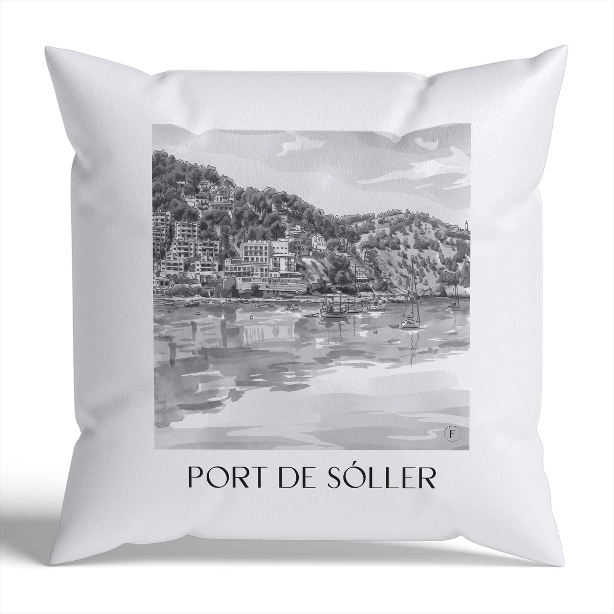 port-de-sóller-mallorca-spanien-kissenbezug-aquarell-schwarz-weiss