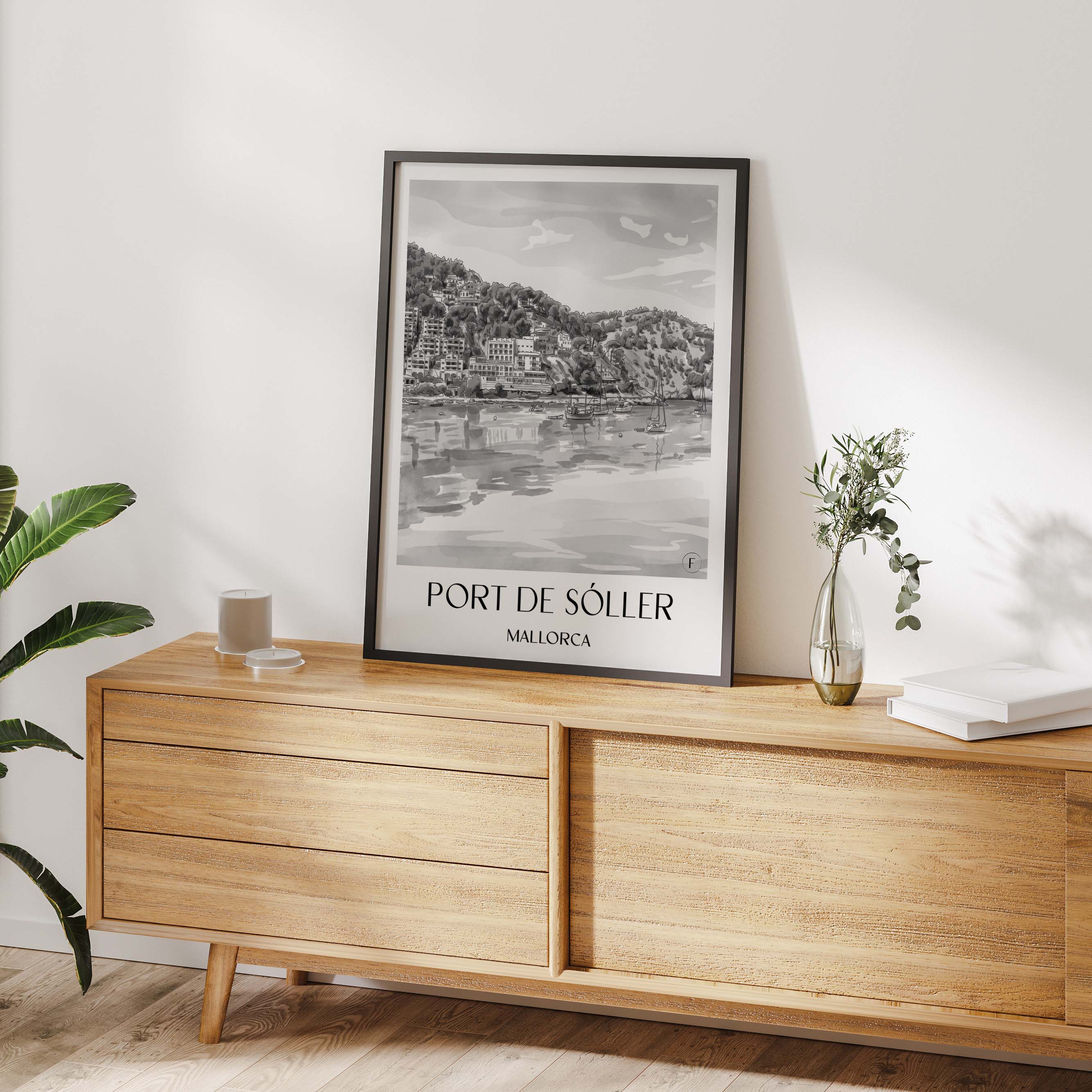 port-de-sóller-mallorca-spanien-poster-aquarell-schwarz-weiss