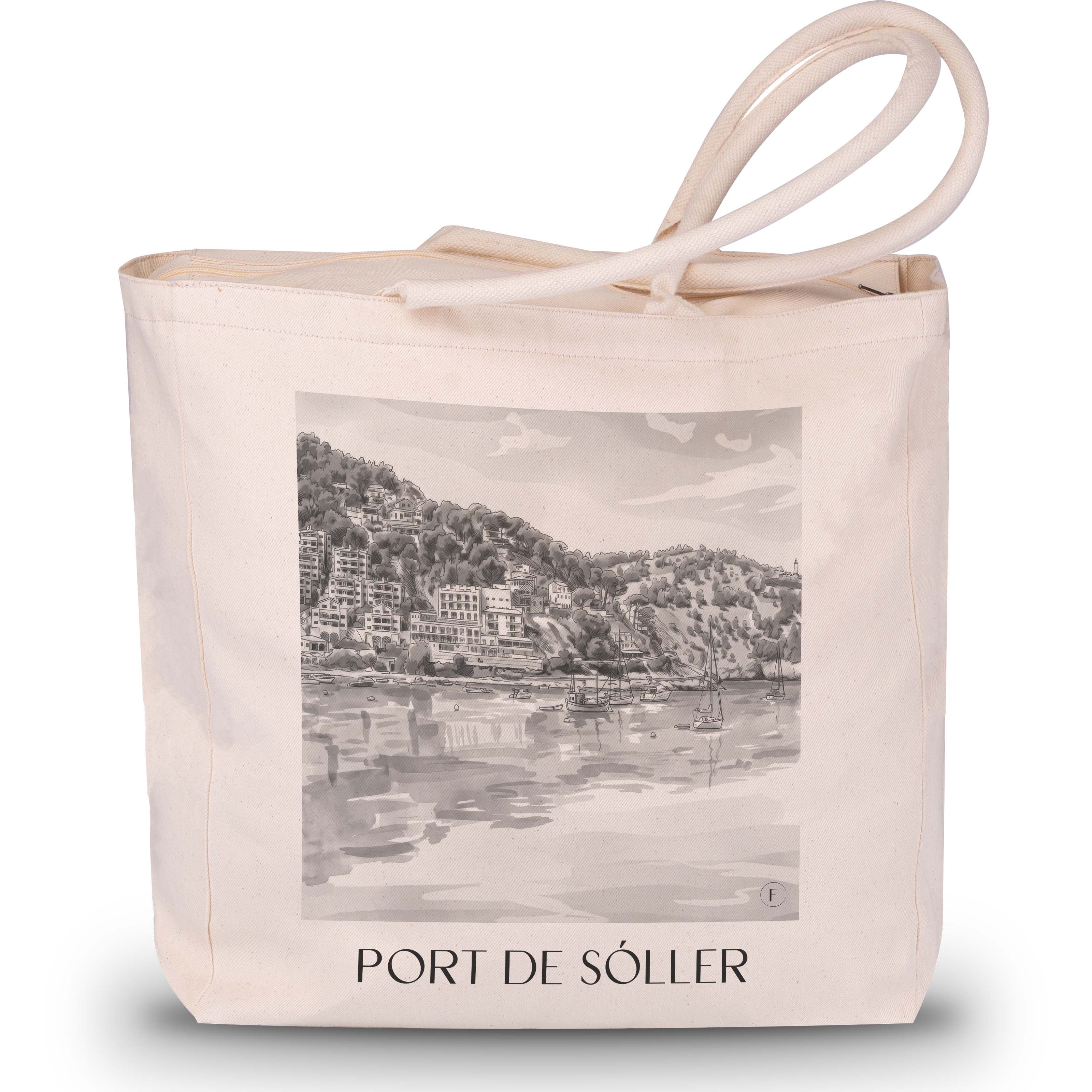 port-de-sóller-mallorca-spanien-einkaufstasche-aquarell-schwarz-weiss