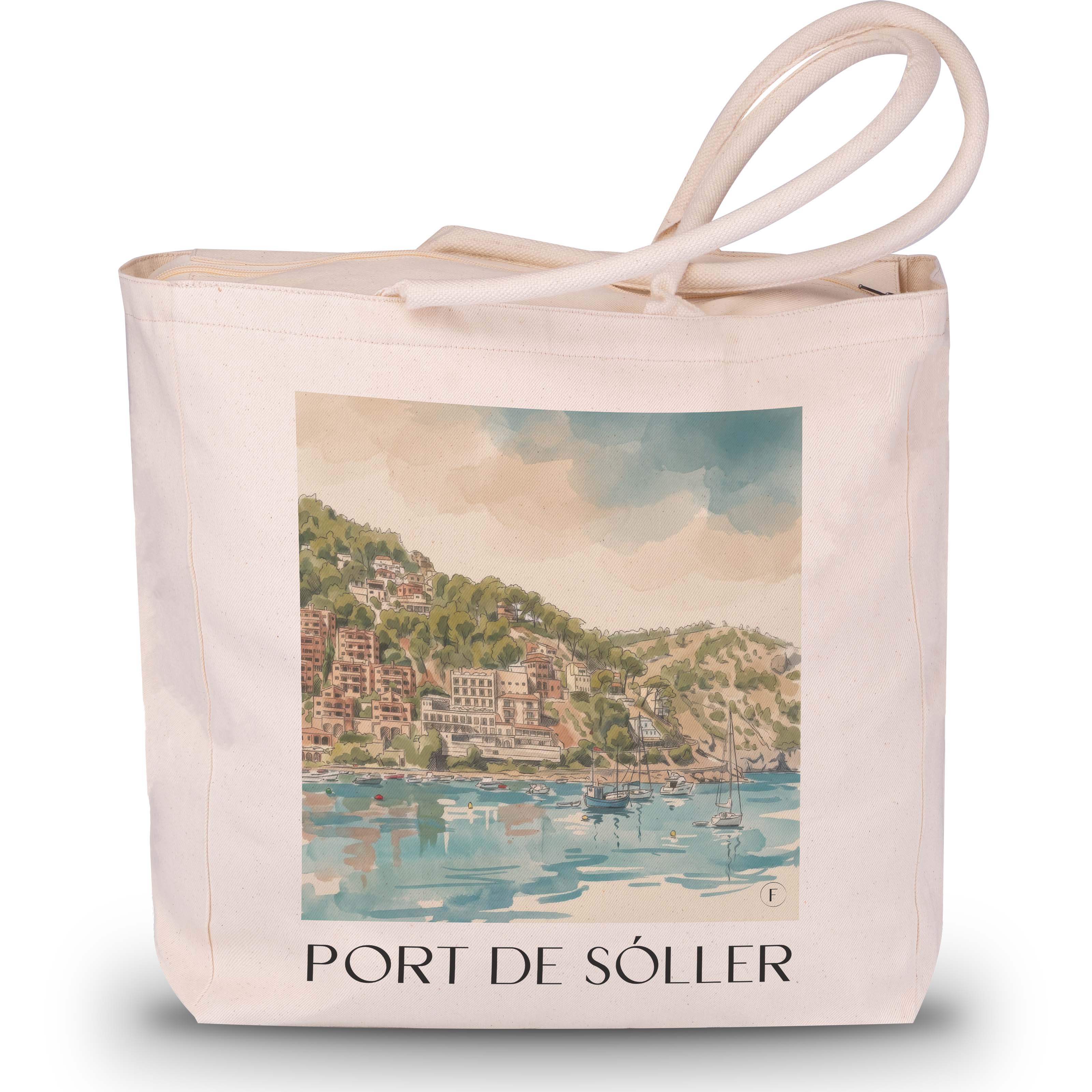 port-de-sóller-mallorca-spanien-einkaufstasche-aquarell