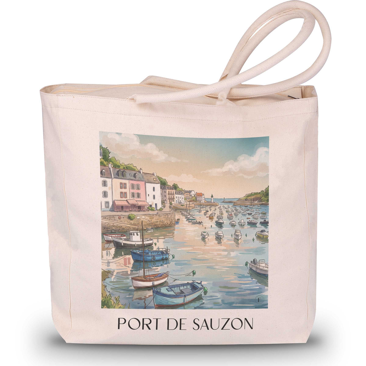 port-de-sauzon-belle-île-frankreich-einkaufstasche-aquarell