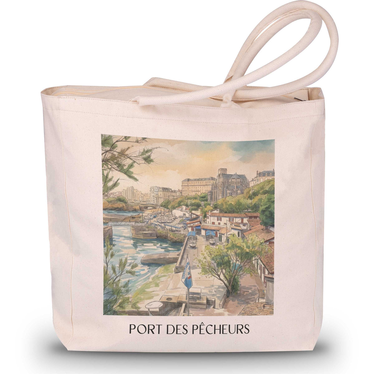 port-des-pêcheurs-biarritz-frankreich-einkaufstasche-aquarell