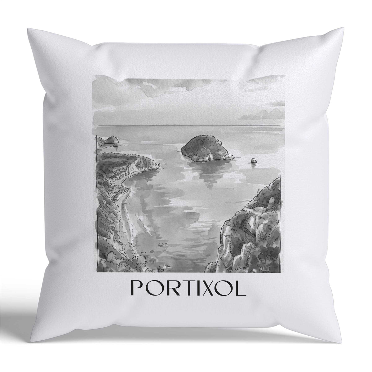 Portixol Kissenhülle - Zierkissen Bezug - Javea - Spanien Kissen bzw. Kissenbezug im Aquarell Schwarz-Weiß Stil - favplace