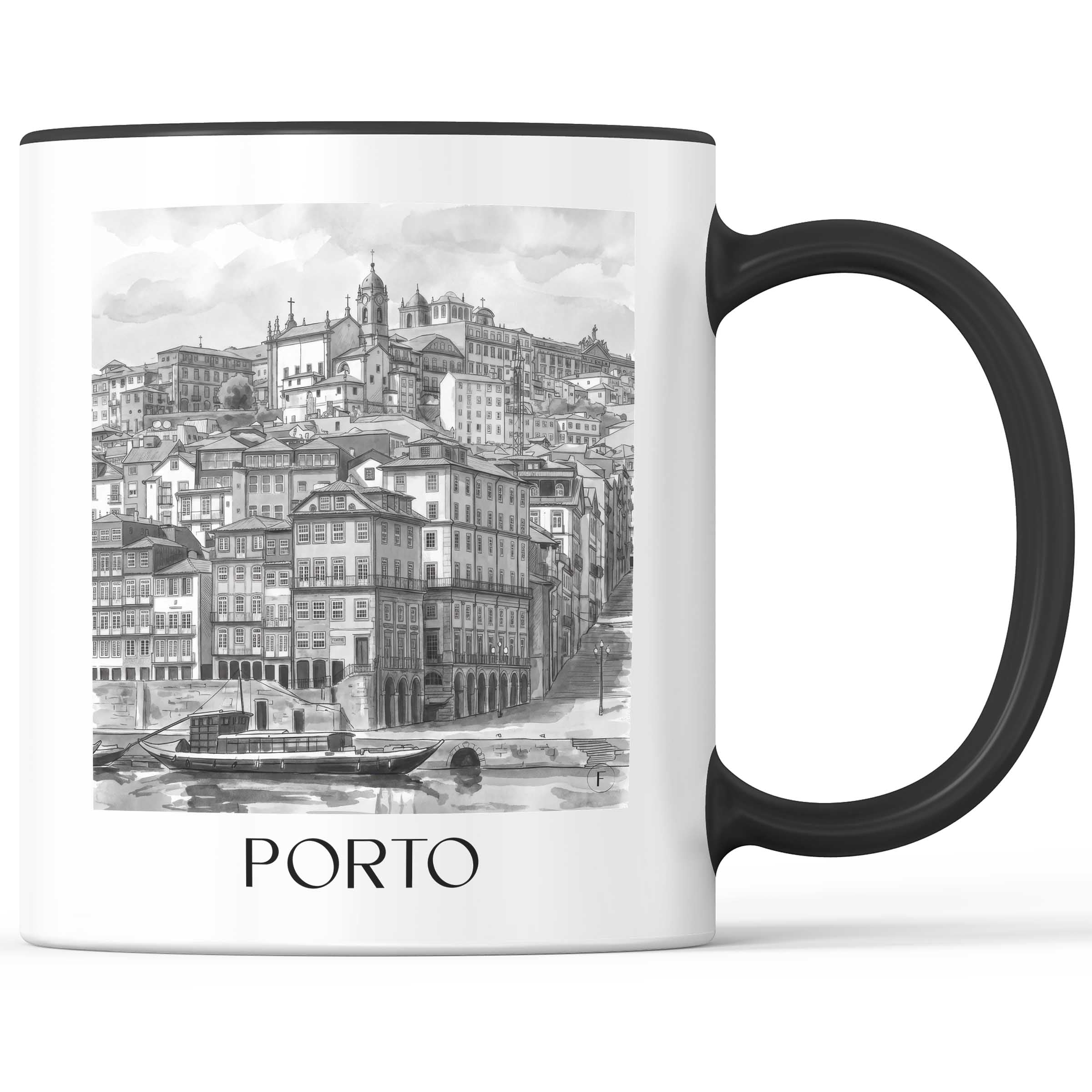 Porto - Portugal Becher - Kaffeetasse im Aquarell Schwarz-Weiß Stil - favplace