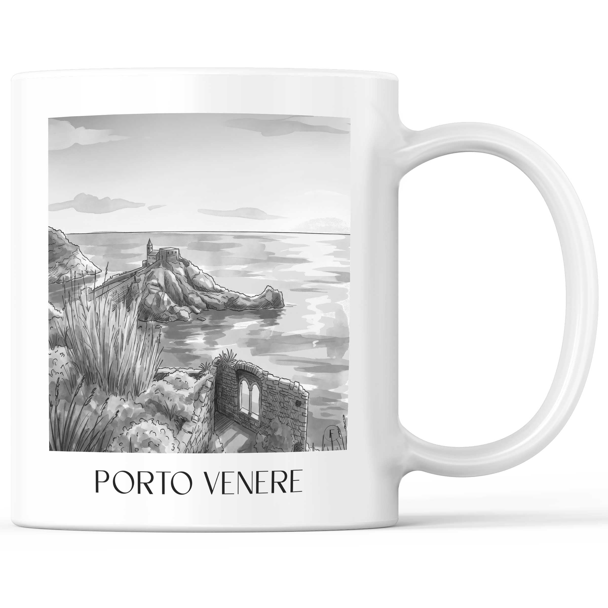 Porto Venere - Italien Becher - Kaffeetasse im Aquarell Schwarz-Weiß Stil - favplace