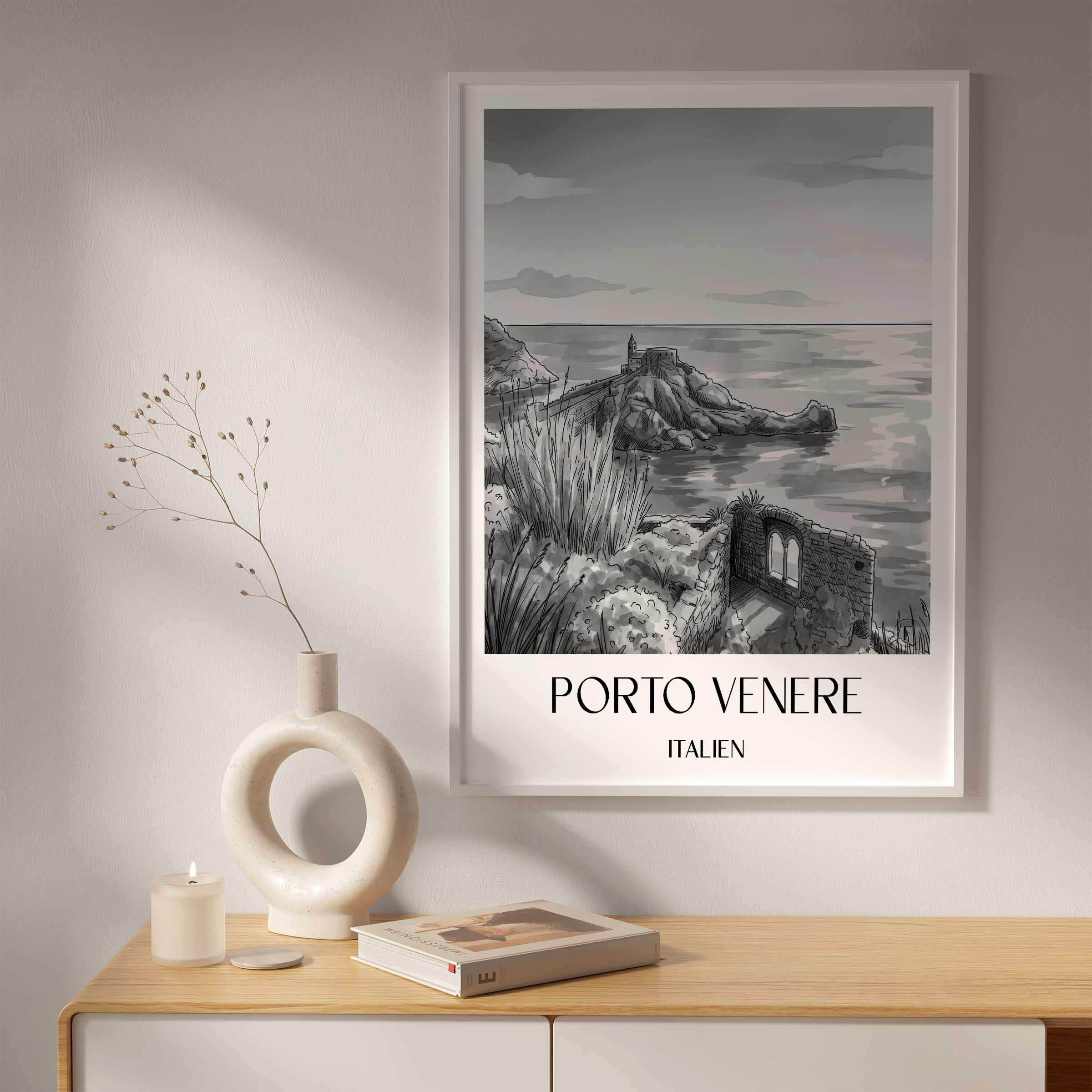 porto-venere-italien-poster-aquarell-schwarz-weiss