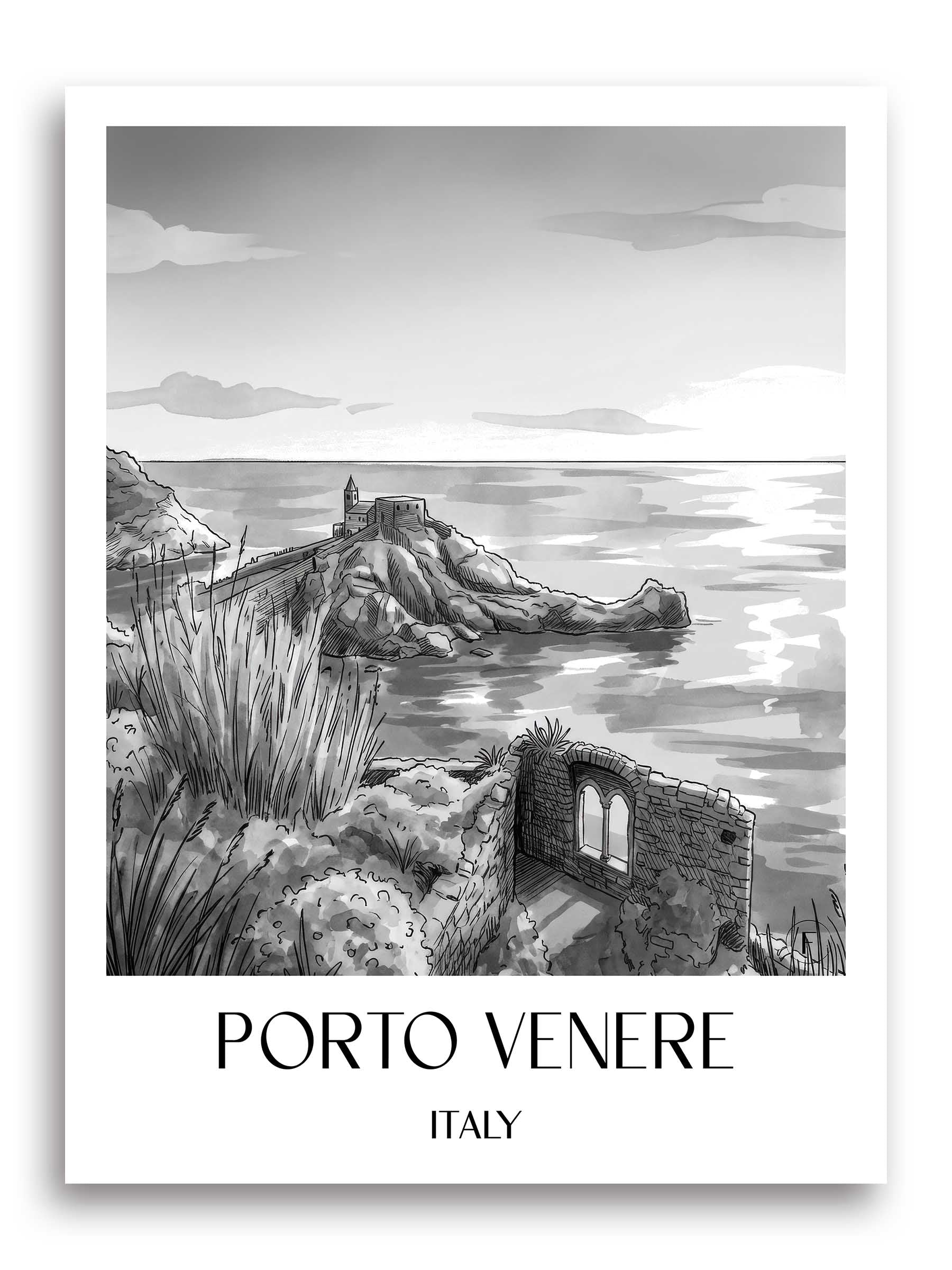 Porto Venere Poster - - Italien Kunstdruck - Aquarell Schwarz-Weiß von A4 bis A1 - favplace
