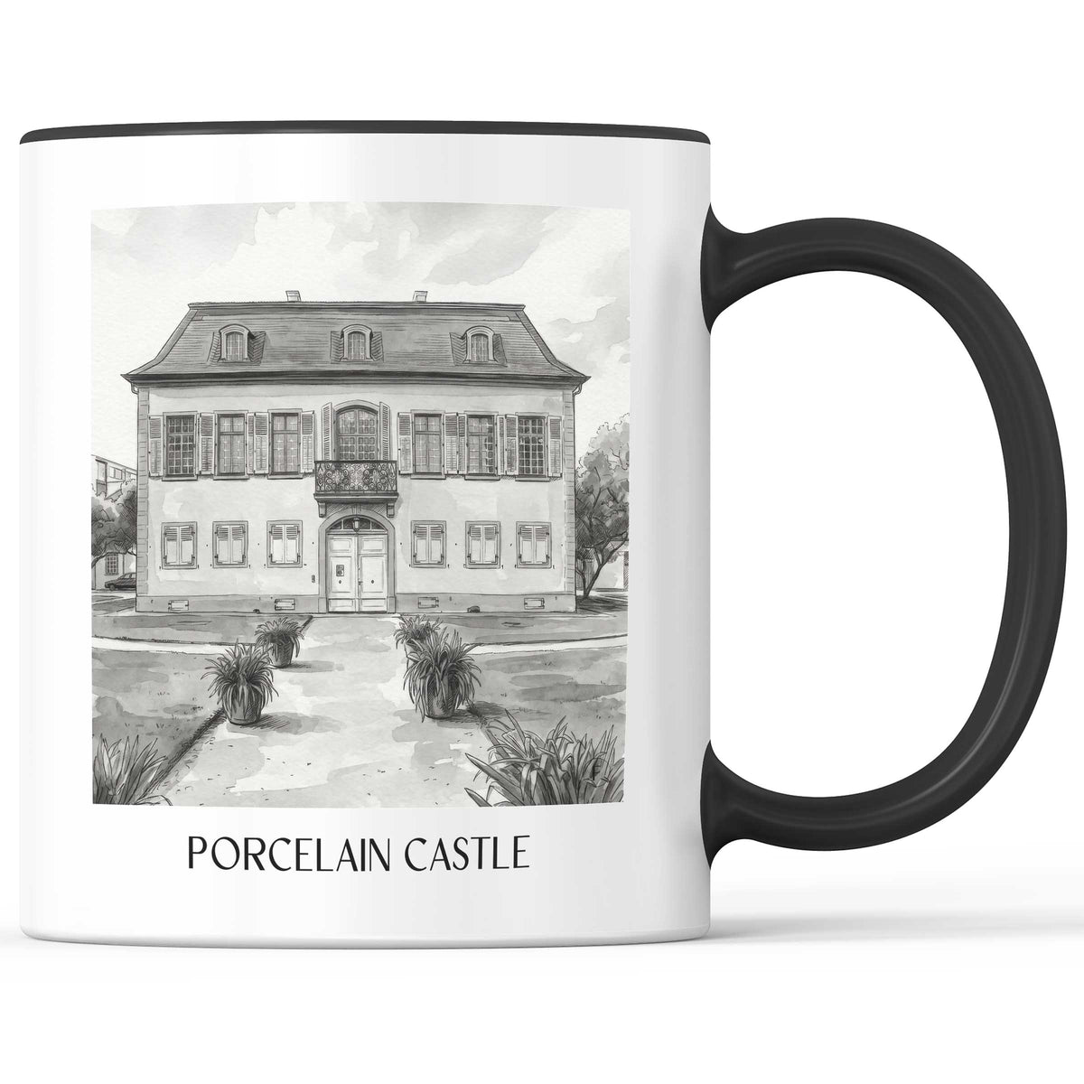Porzellanschlößchen Kaffeebecher - Darmstadt - Deutschland Becher - Kaffeetasse im Aquarell Schwarz-Weiß Stil - favplace