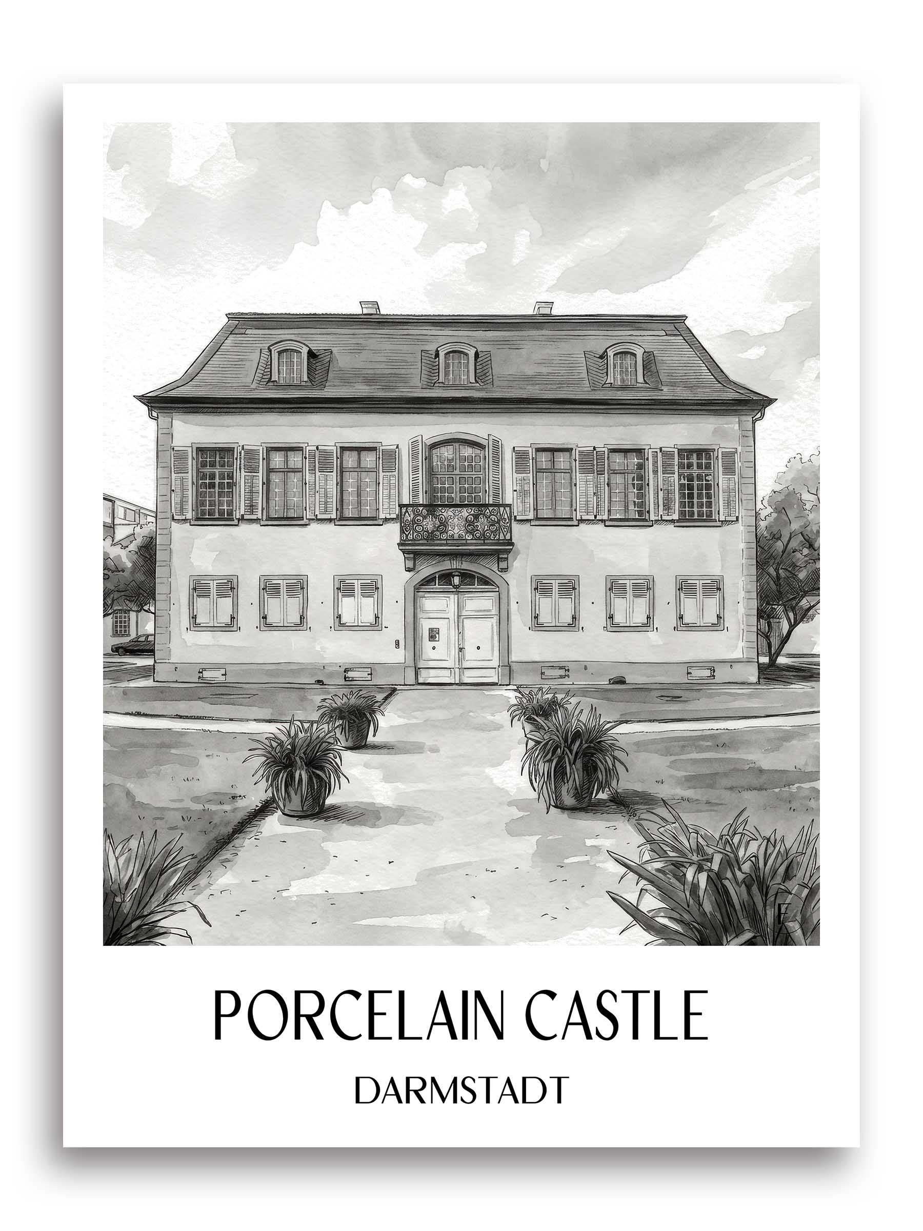 Porzellanschlößchen Poster - Darmstadt - Deutschland Kunstdruck - Aquarell Schwarz-Weiß von A4 bis A1
