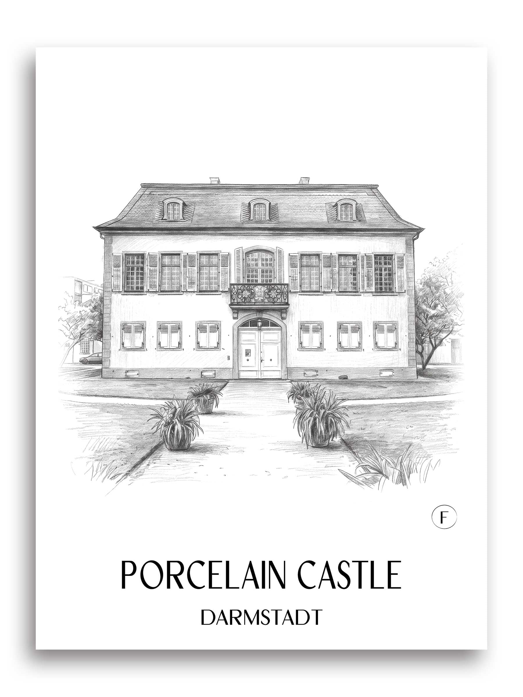 Porzellanschlößchen Poster - Darmstadt - Deutschland Kunstdruck - Zeichnung von A4 bis A1