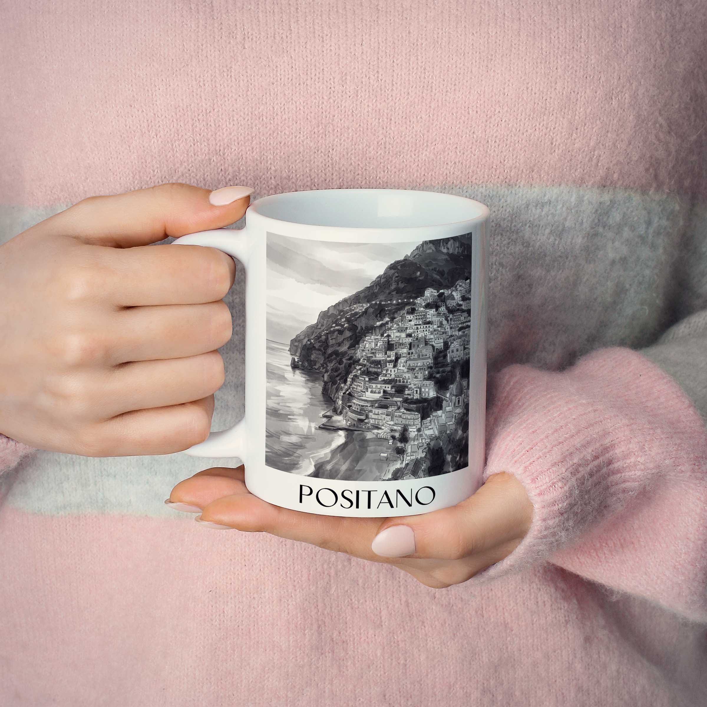 positano-amalfi-küste-italien-kaffeebecher-aquarell-schwarz-weiss
