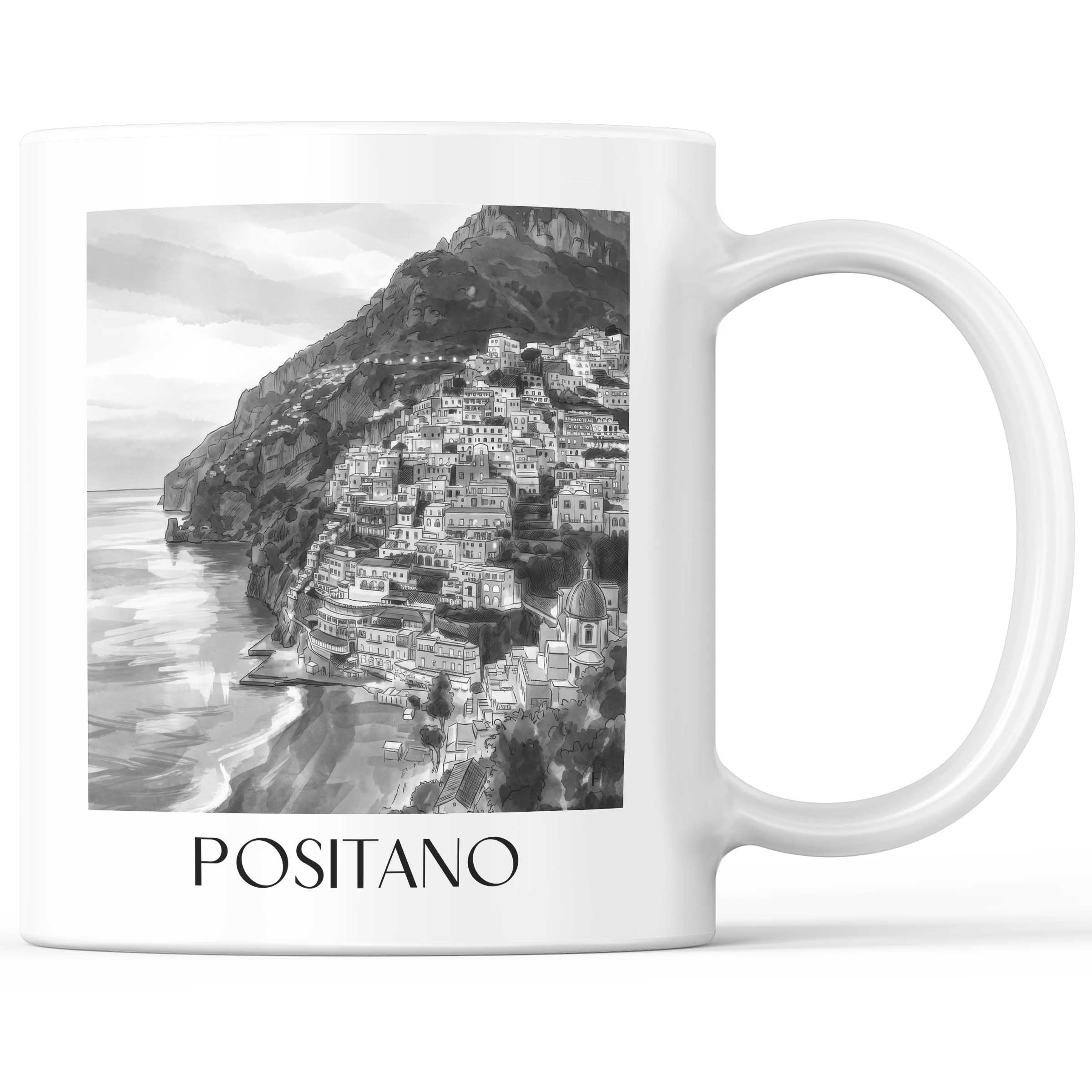 Positano Kaffeebecher - Amalfi Küste - Italien Becher - Kaffeetasse im Aquarell Schwarz-Weiß Stil - favplace