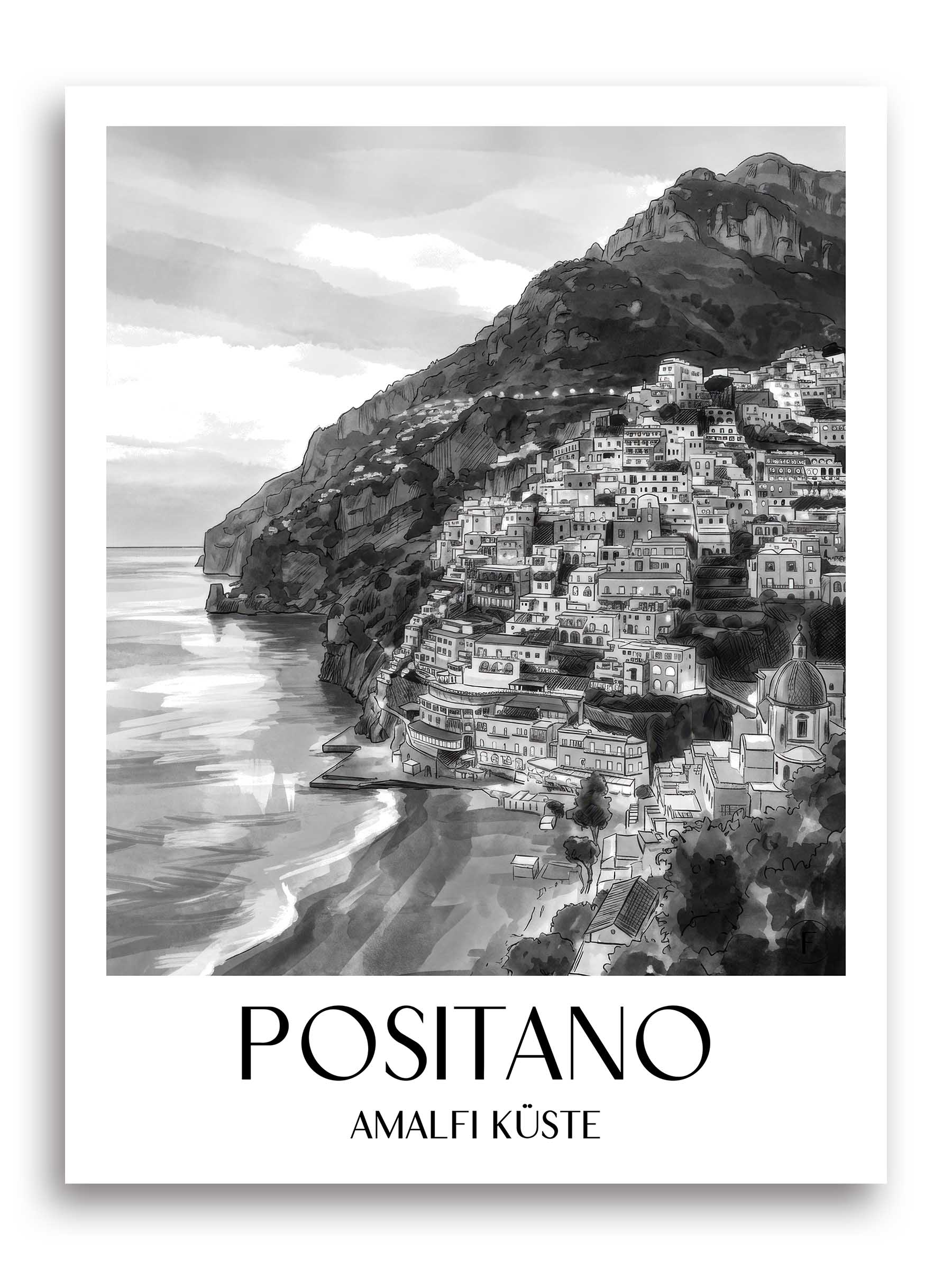 positano-amalfi-küste-italien-poster-aquarell-schwarz-weiss