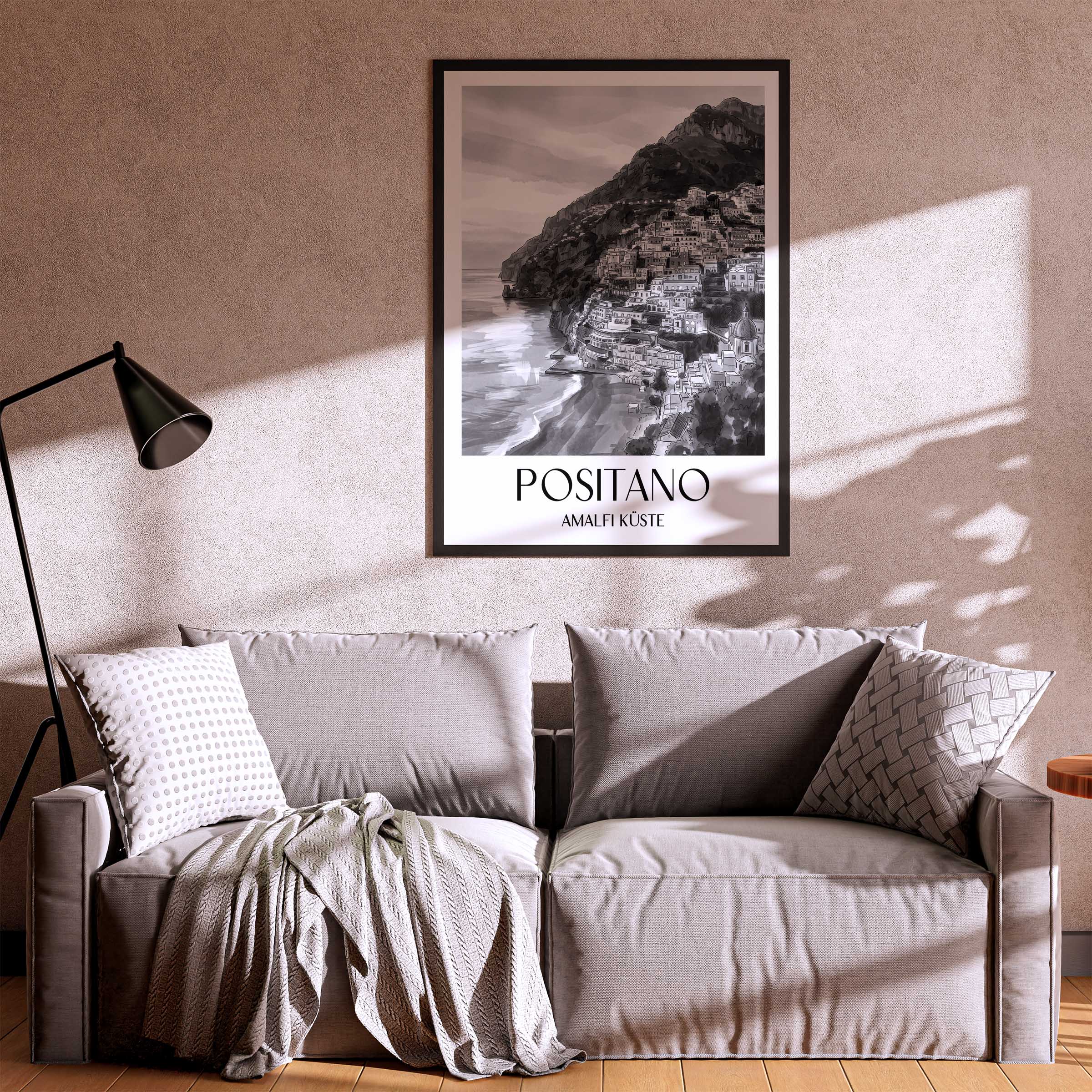 positano-amalfi-küste-italien-poster-aquarell-schwarz-weiss