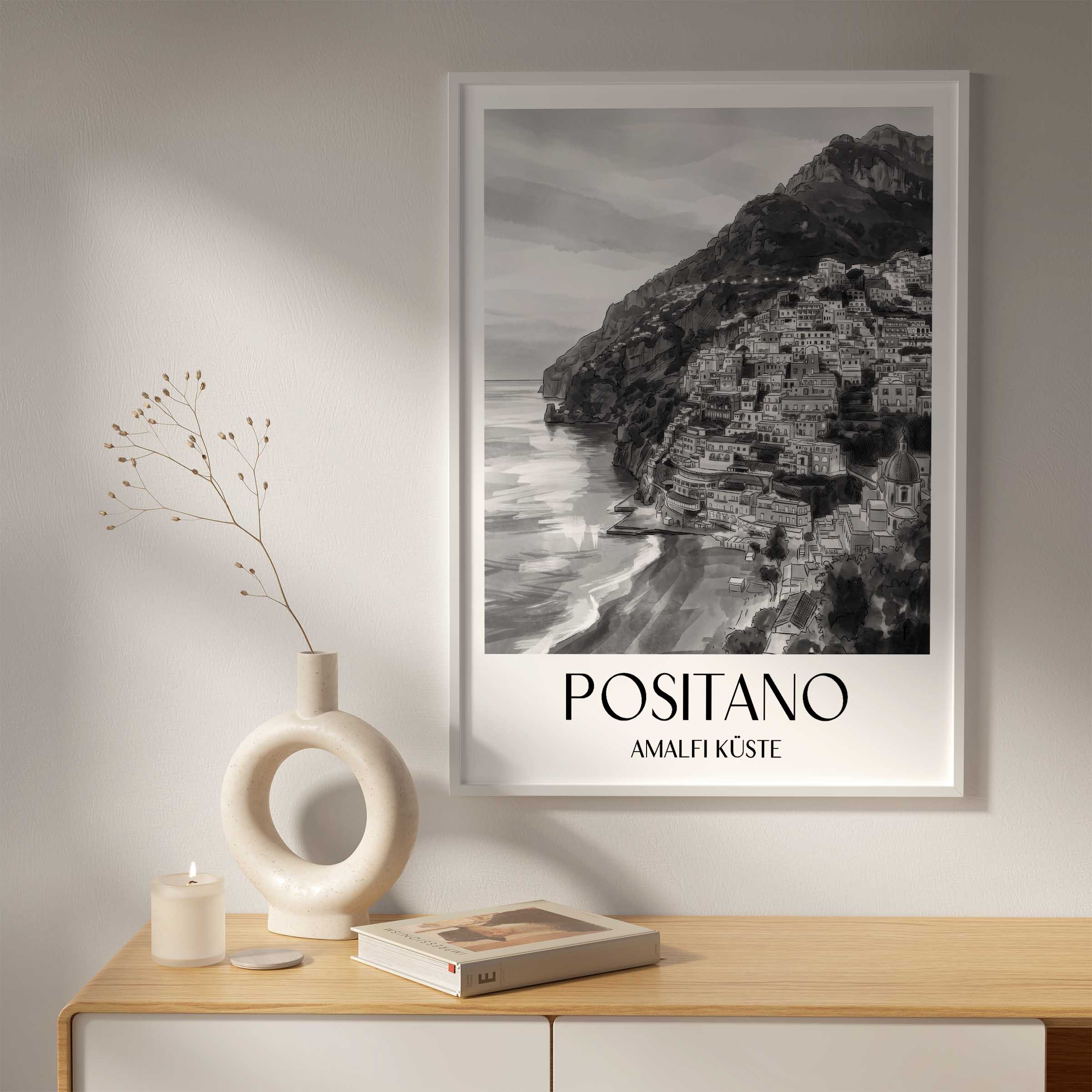 positano-amalfi-küste-italien-poster-aquarell-schwarz-weiss