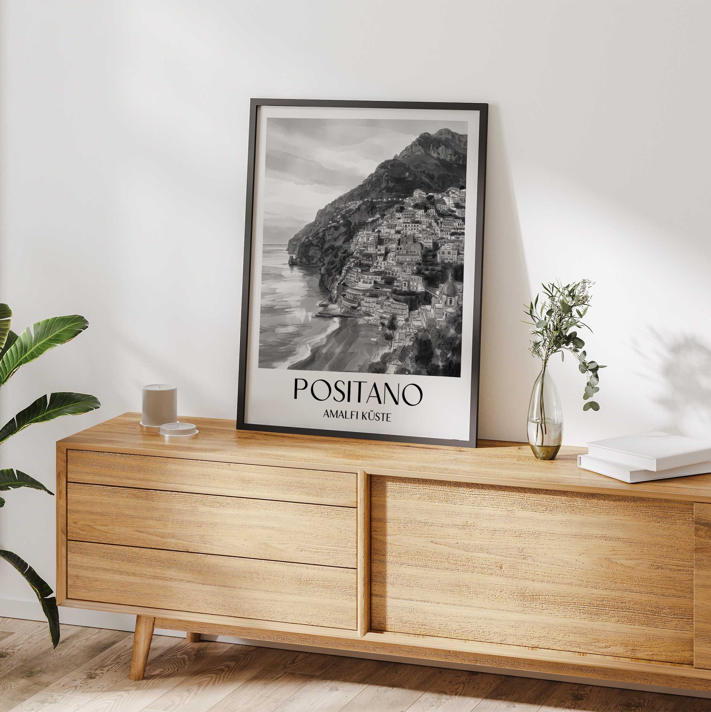 positano-amalfi-küste-italien-poster-aquarell-schwarz-weiss