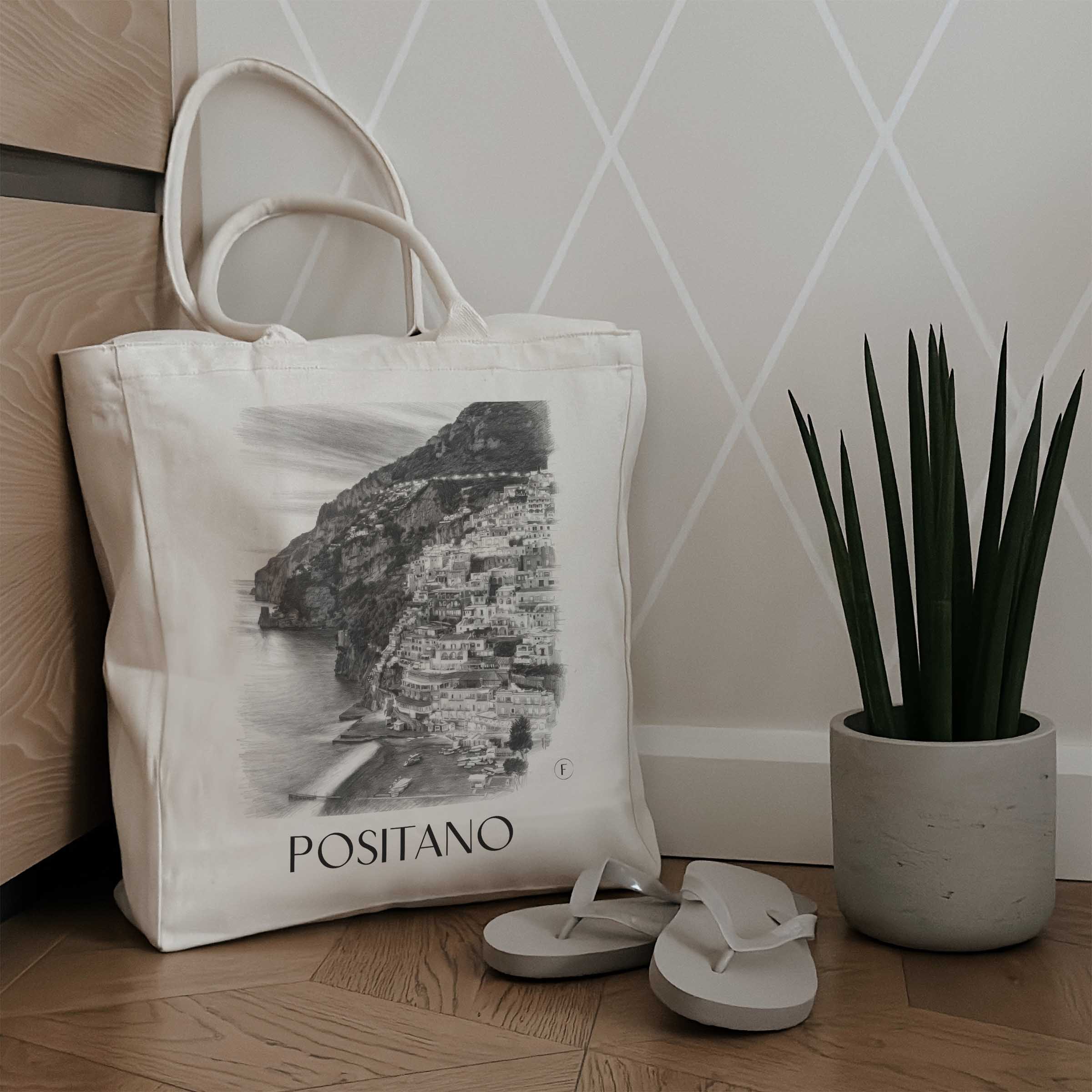 positano-amalfi-küste-italien-einkaufstasche-bleistift-zeichnung-drawing