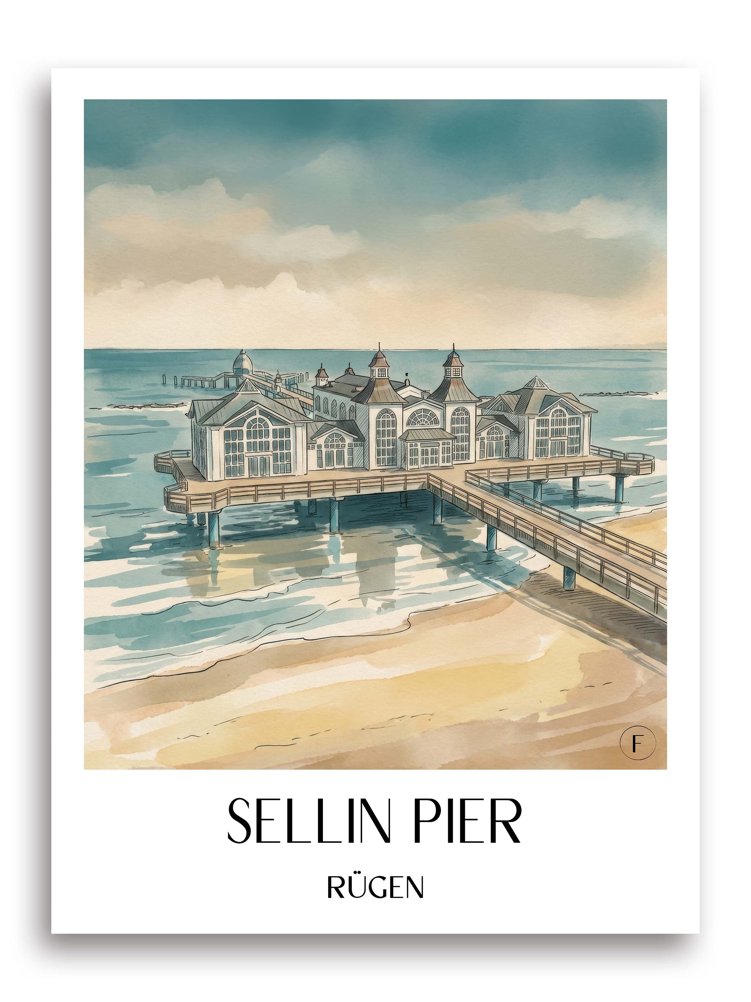 Seebrücke Sellin Poster - Rügen - Deutschland Kunstdruck - Aquarell von A4 bis A1 - favplace