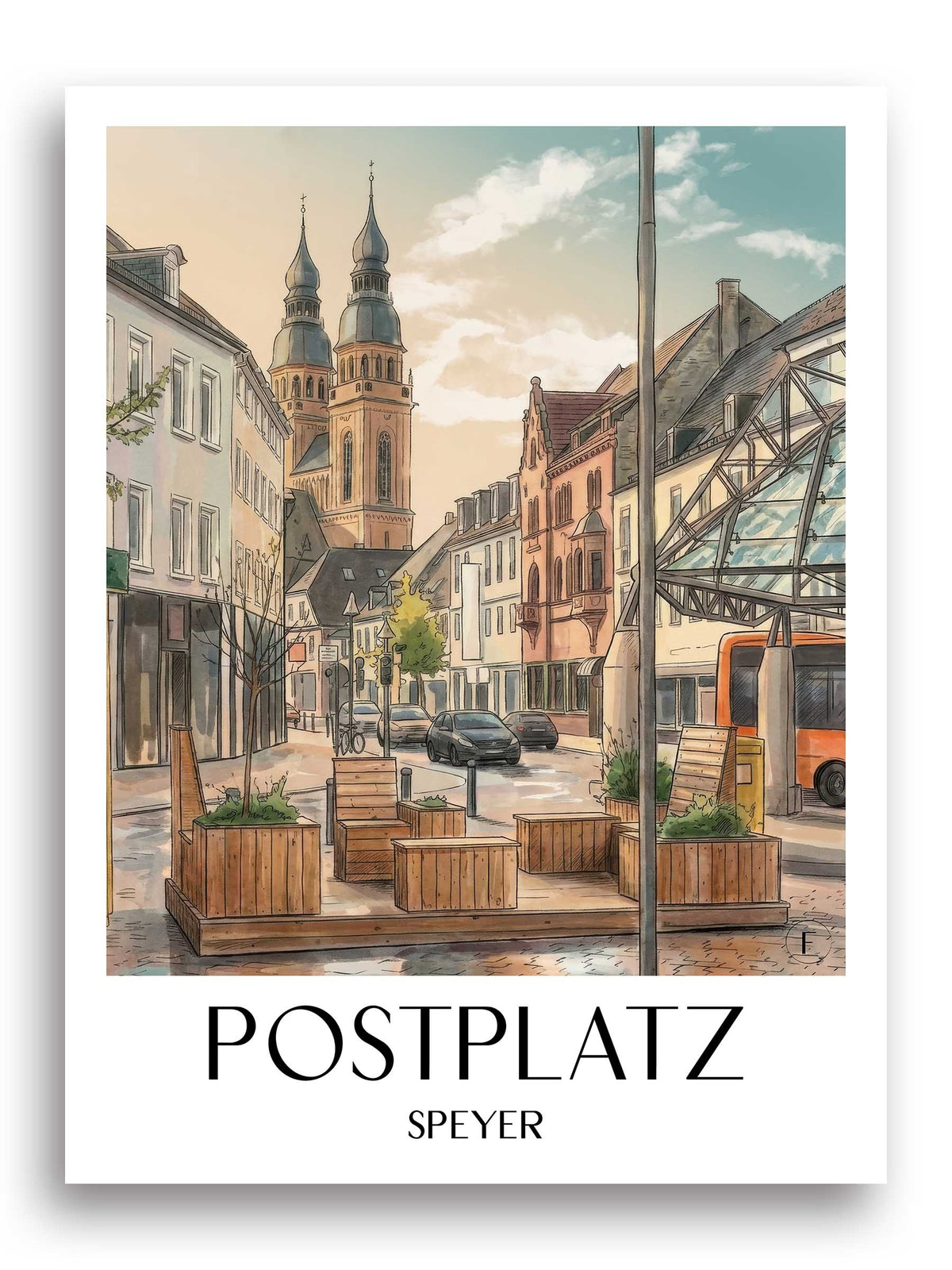 Postplatz Poster - Speyer - Deutschland Kunstdruck - Aquarell von A4 bis A1 - favplace