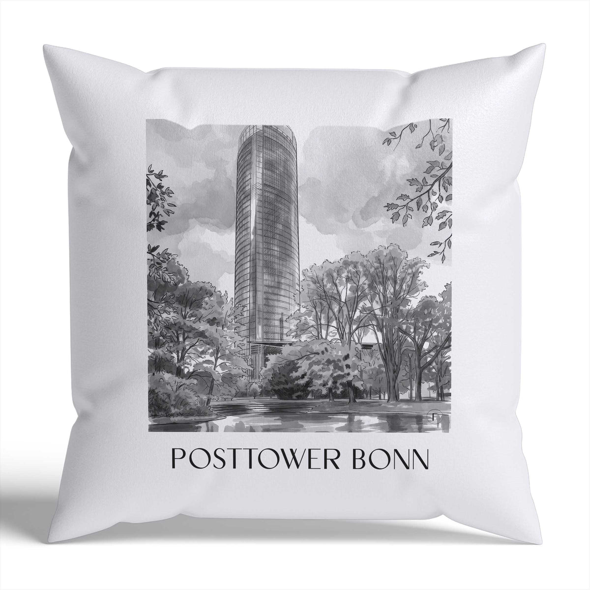 posttower-bonn-deutschland-kissenbezug-aquarell-schwarz-weiss