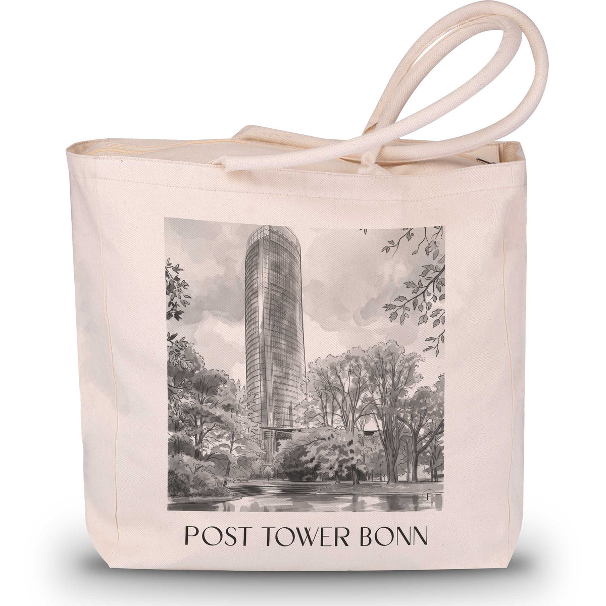 Posttower Shopping Tasche - Bonn - Deutschland Tote Bag - Einkaufstasche im Aquarell Schwarz-Weiß Stil - favplace
