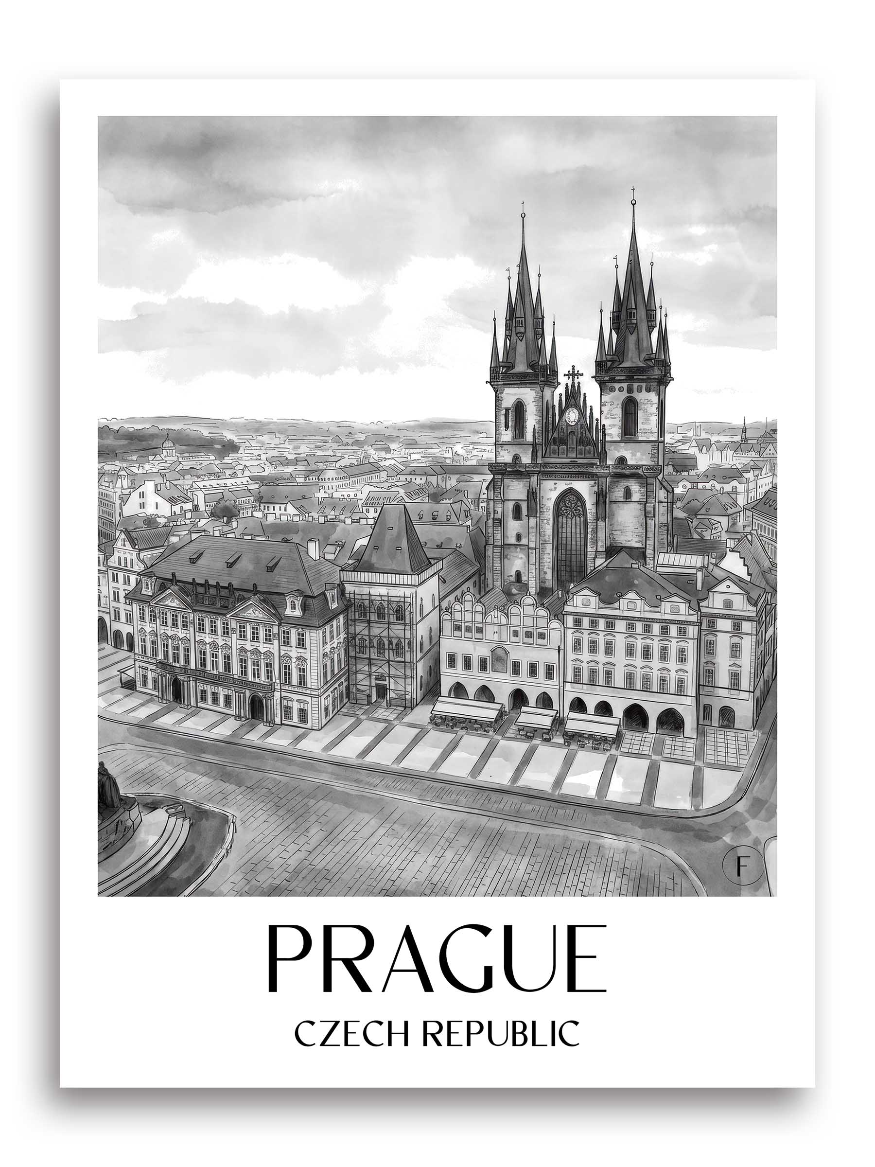 Prag Poster - - Tschechien Kunstdruck - Aquarell Schwarz-Weiß von A4 bis A1 - favplace