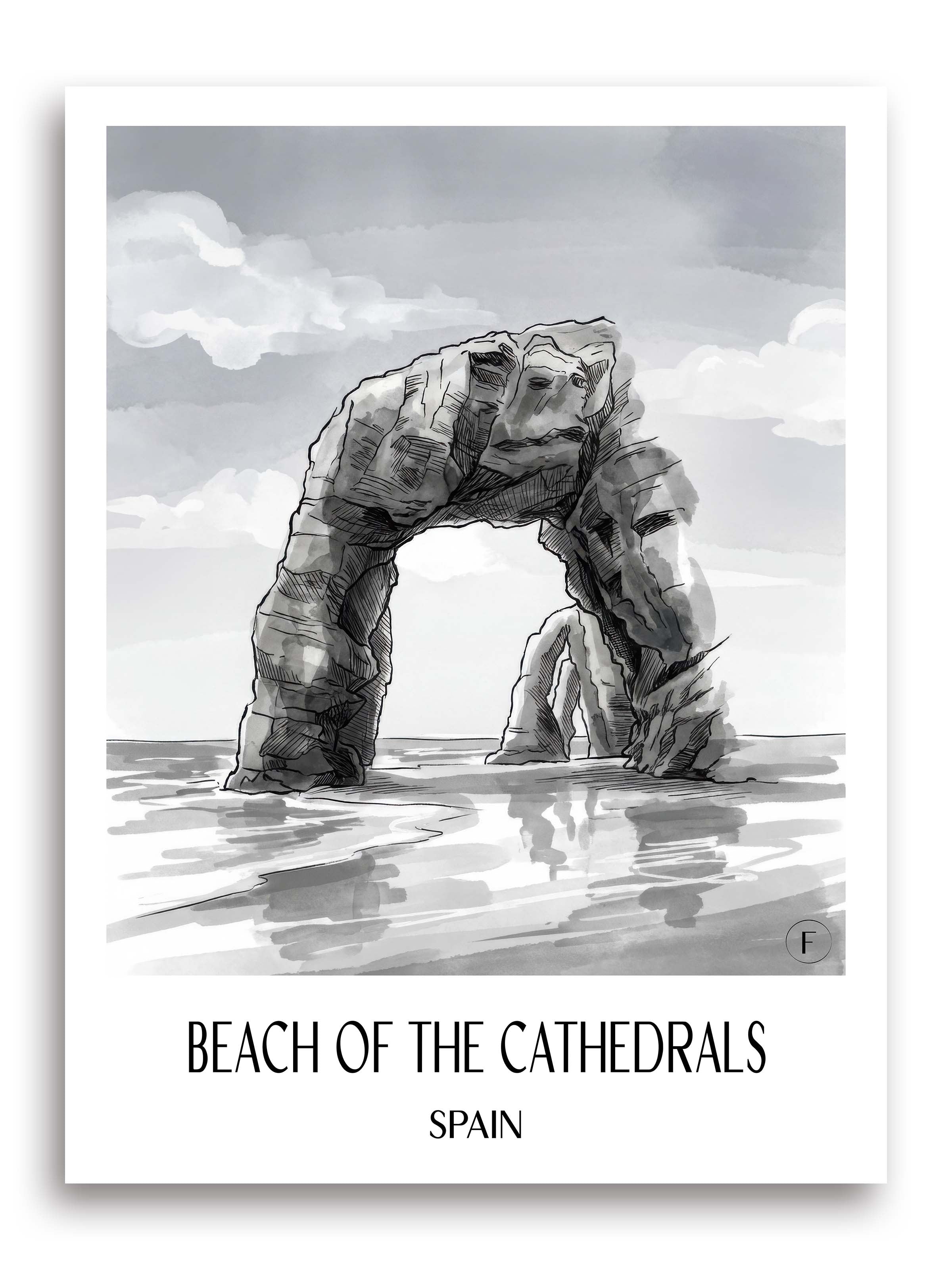 Praia das Catedrais Poster - Spanien - Spanien Kunstdruck - Aquarell Schwarz-Weiß von A4 bis A1 - favplace