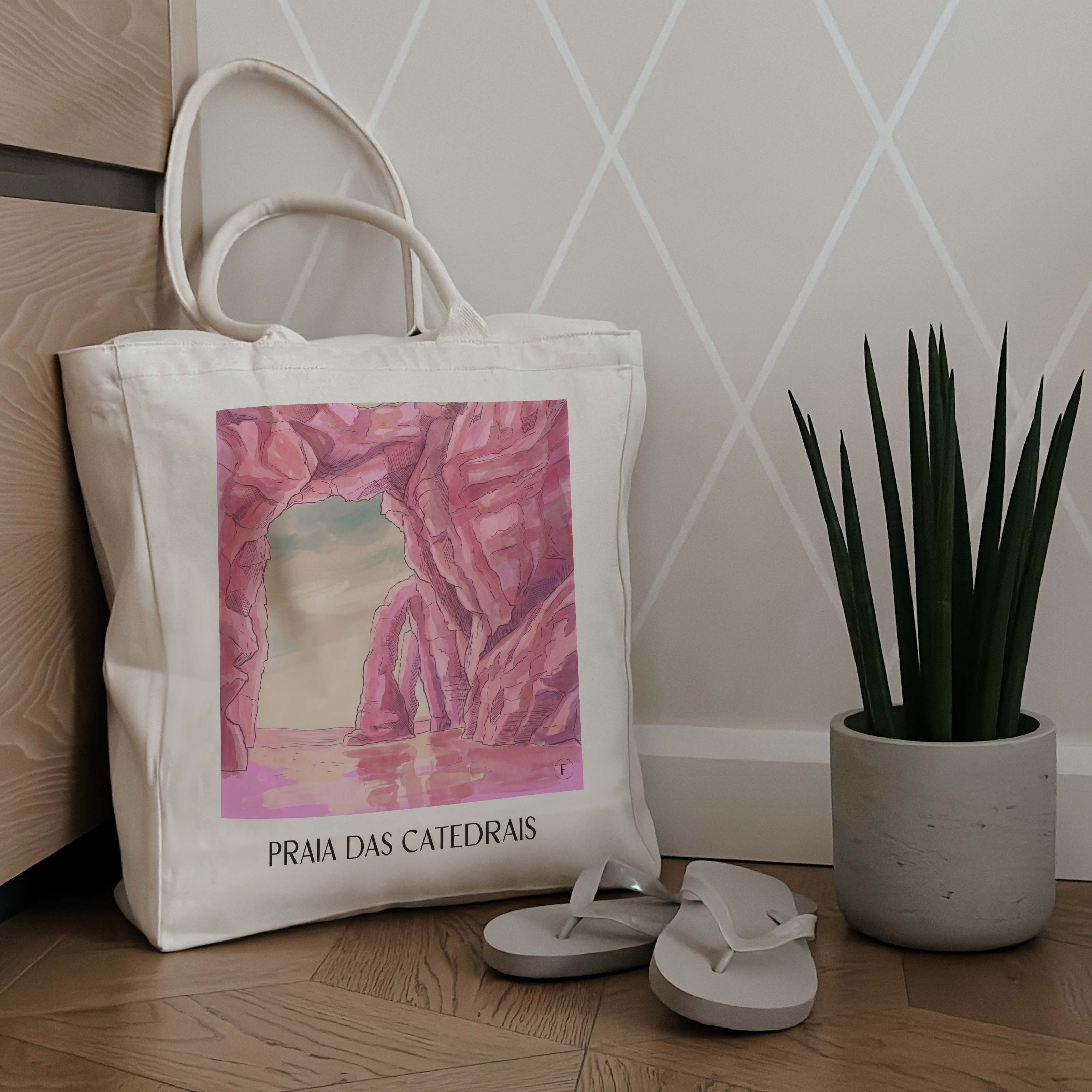 praia-das-catedrais-spanien-spanien-einkaufstasche-aquarell-pink-rosa