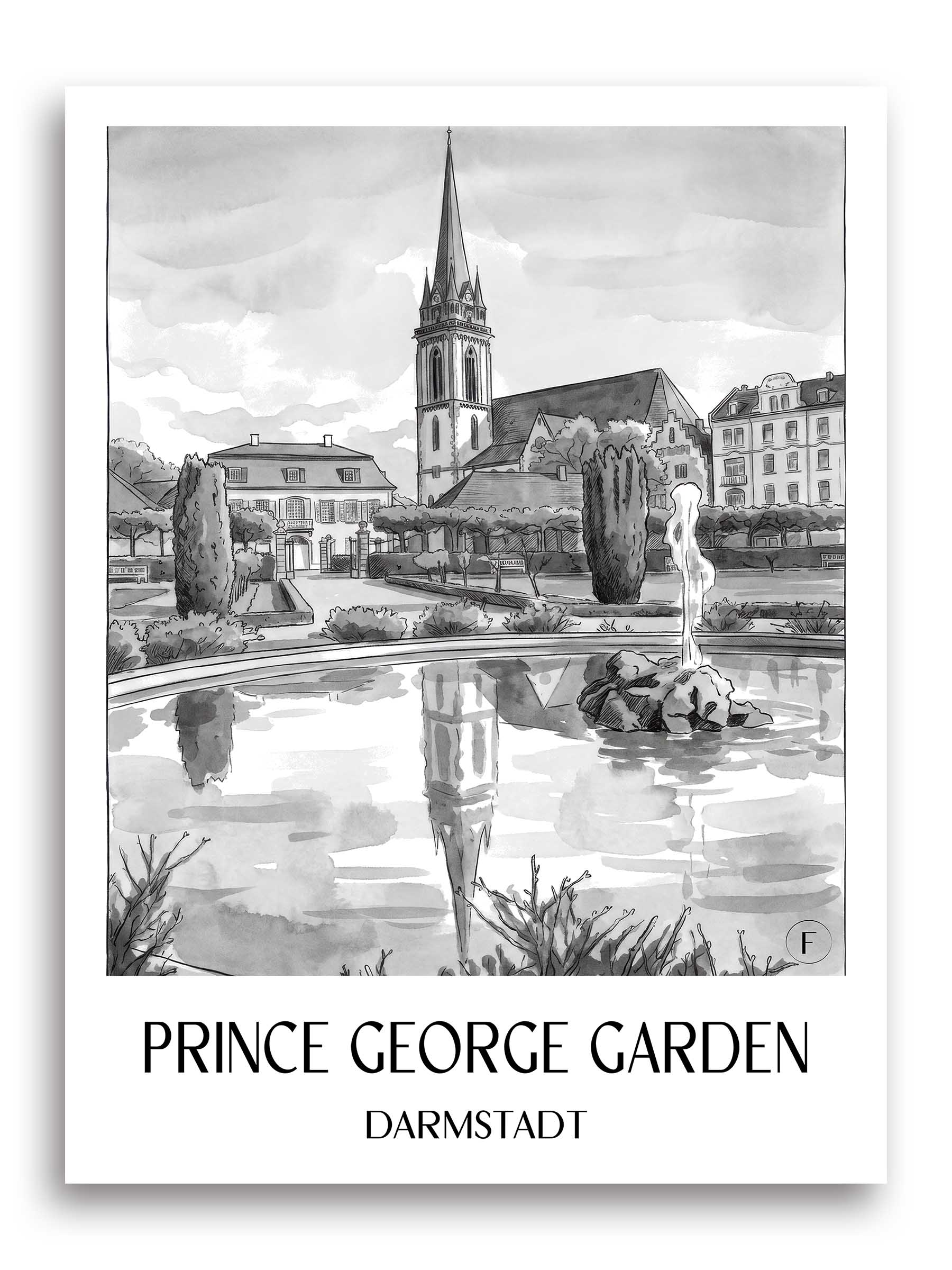 Prinz-Georg-Garten Poster - Darmstadt - Deutschland Kunstdruck - Aquarell Schwarz-Weiß von A4 bis A1