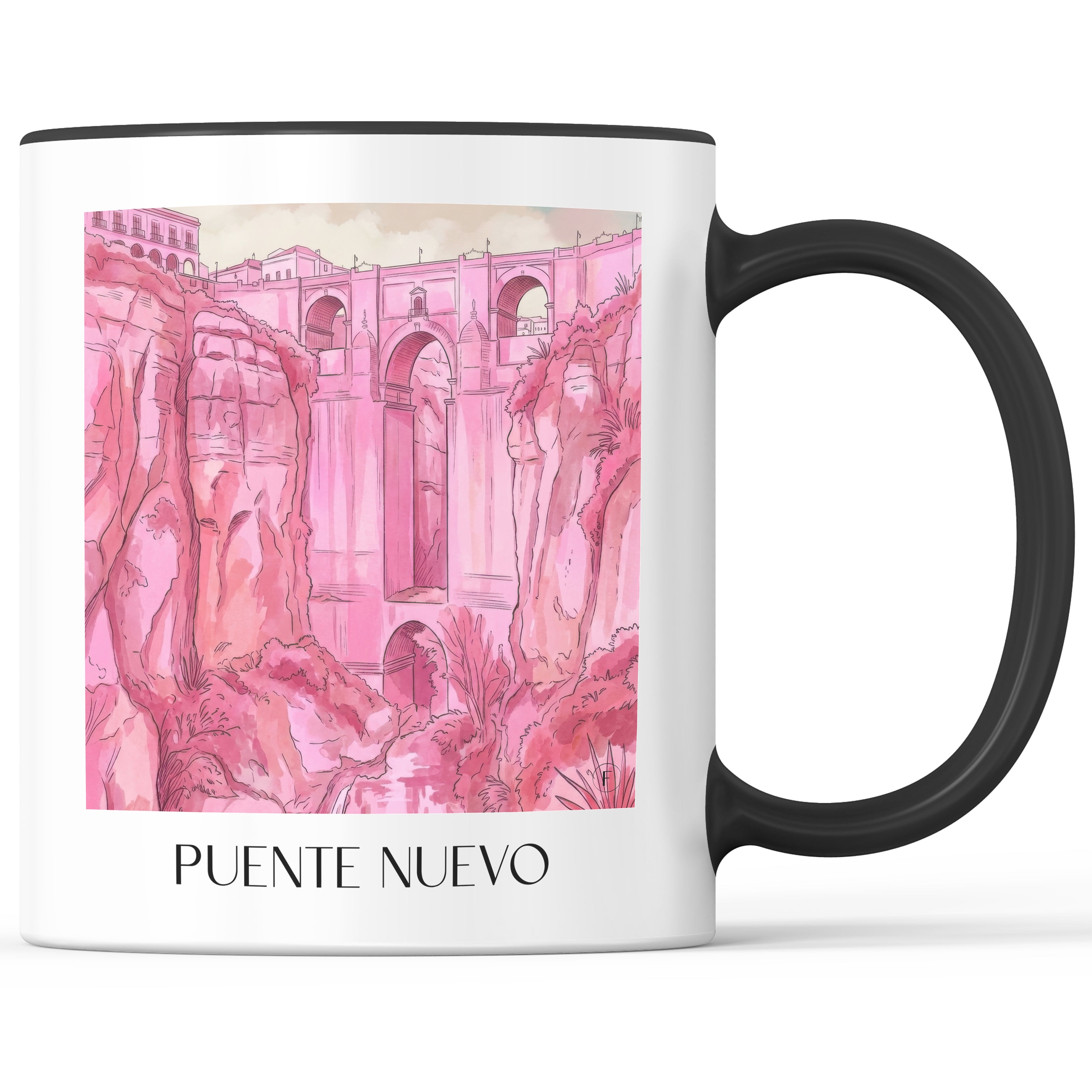 puente-nuevo-ronda-spanien-kaffeebecher-aquarell-pink-rosa