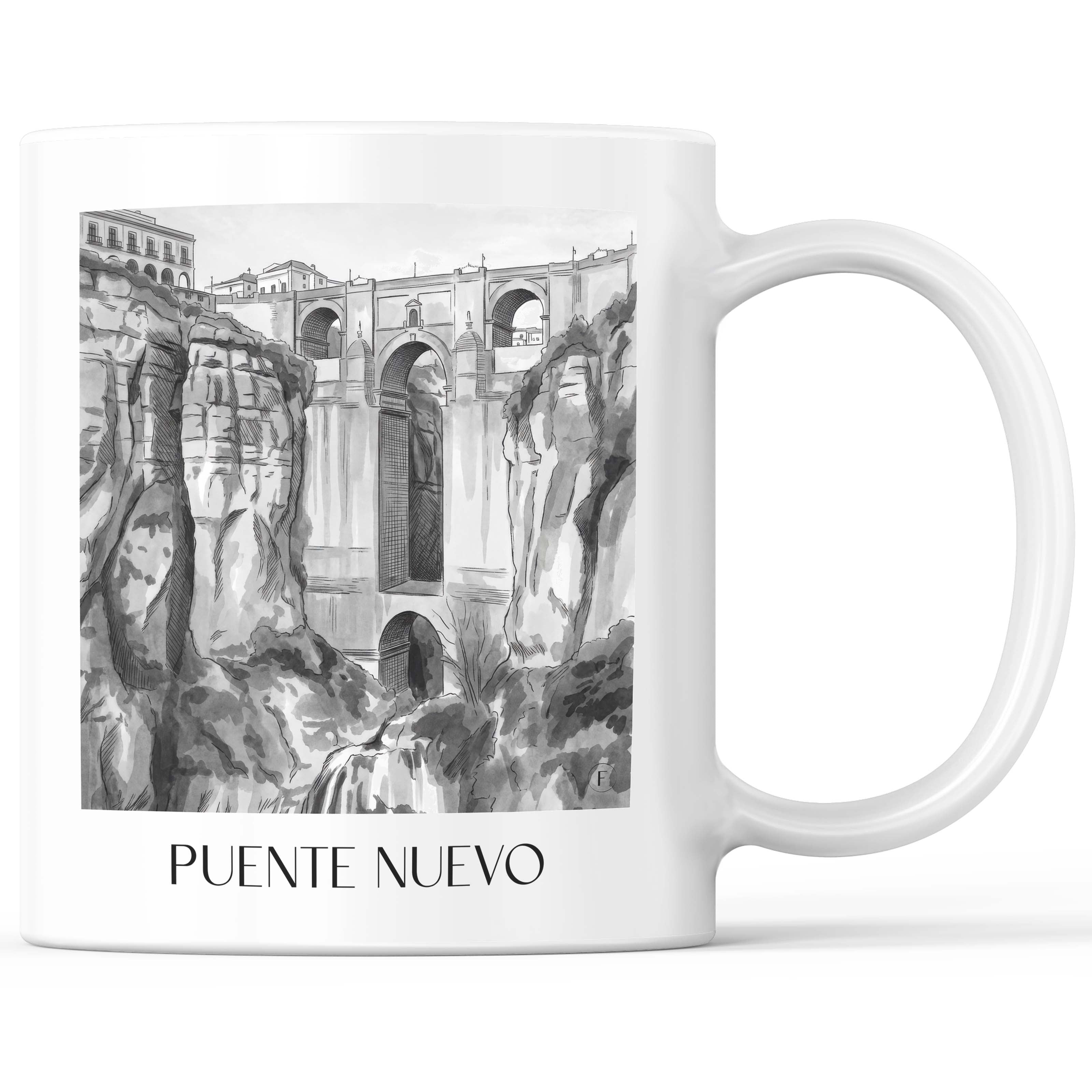Puente Nuevo Kaffeebecher - Ronda - Spanien Becher - Kaffeetasse im Aquarell Schwarz-Weiß Stil - favplace