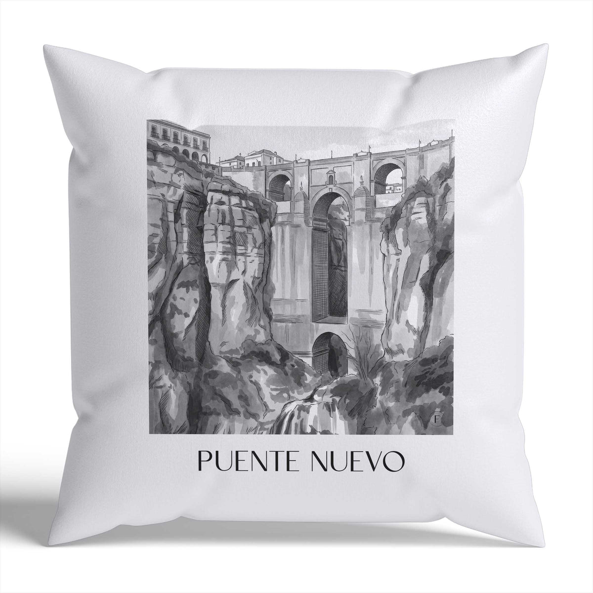 puente-nuevo-ronda-spanien-kissenbezug-aquarell-schwarz-weiss