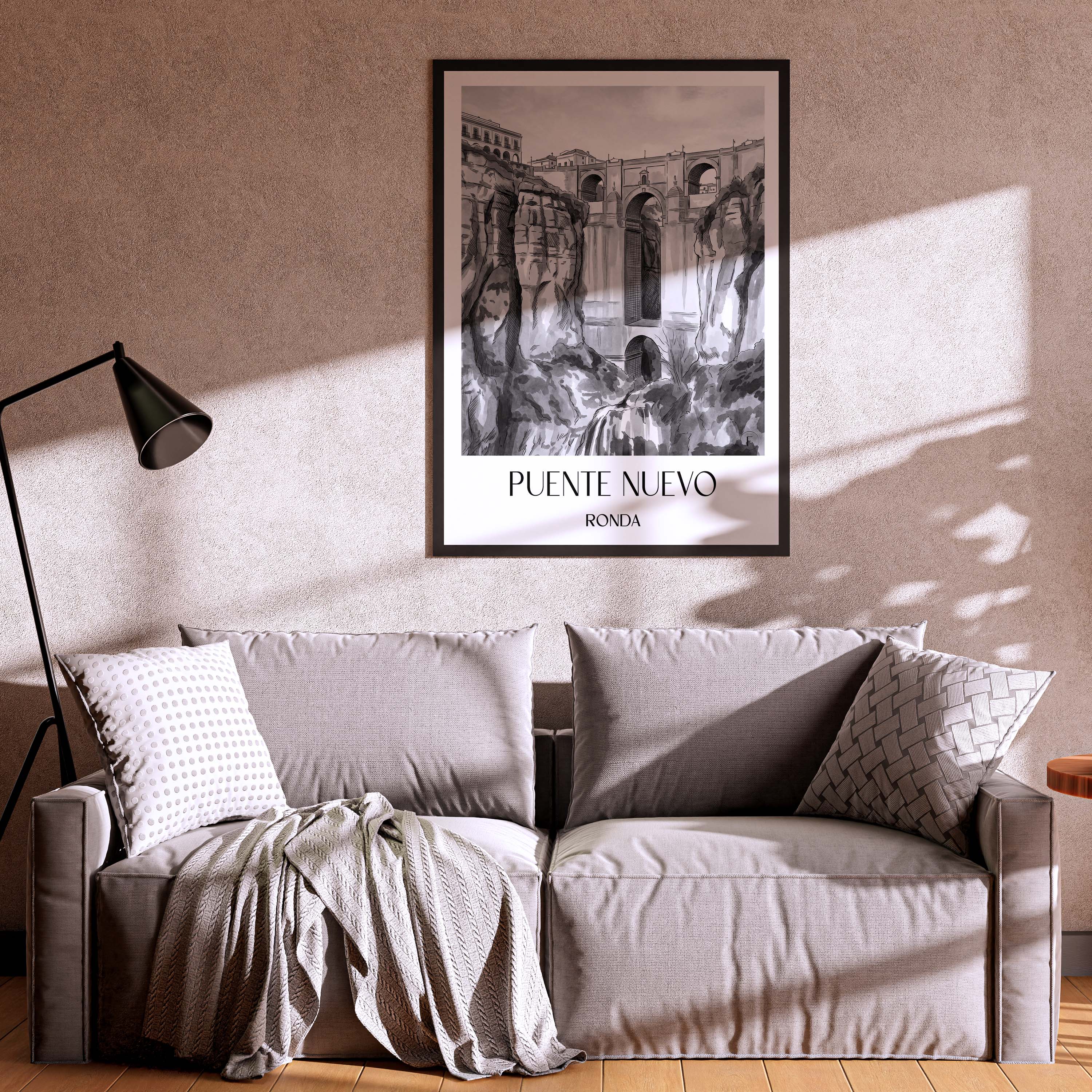 puente-nuevo-ronda-spanien-poster-aquarell-schwarz-weiss
