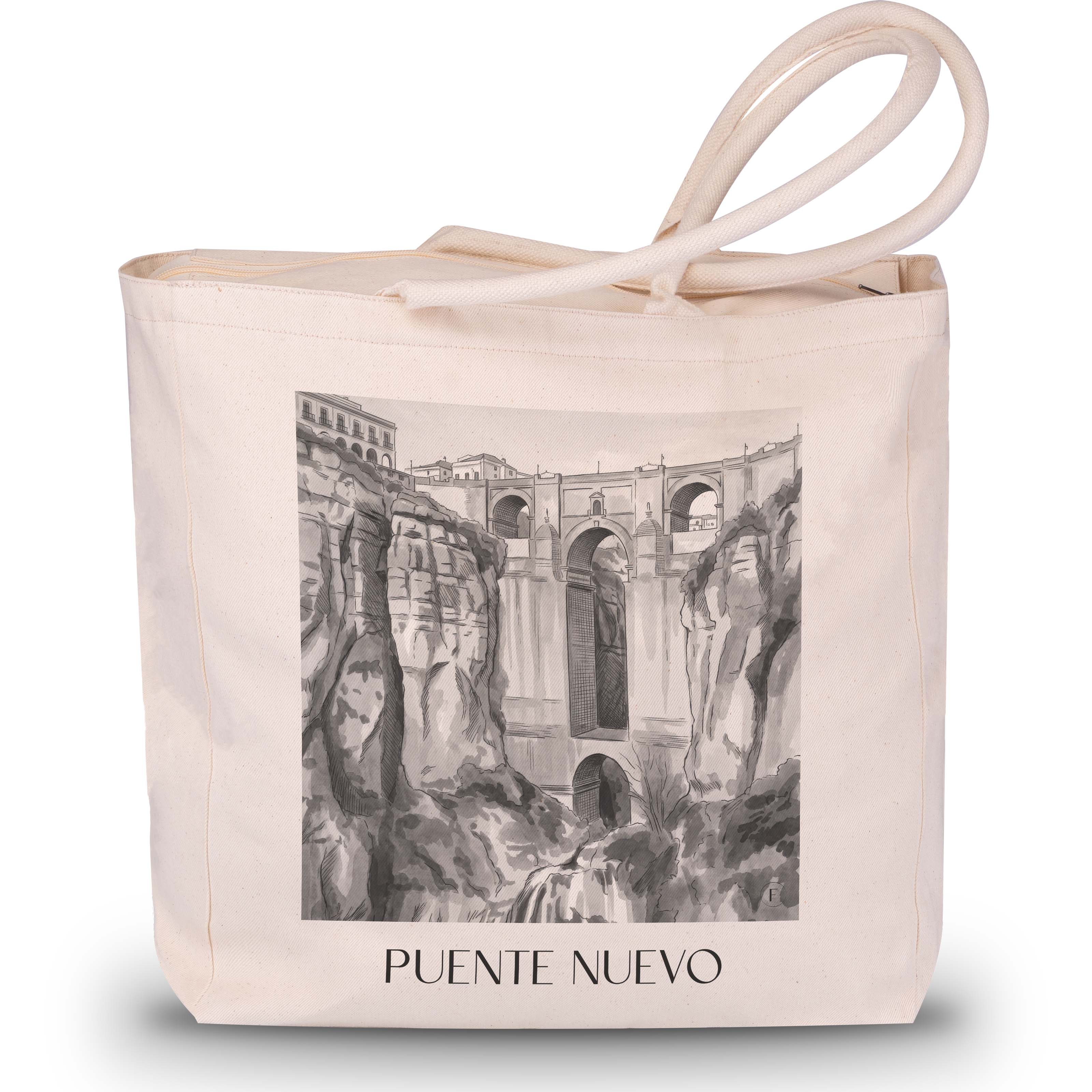 puente-nuevo-ronda-spanien-einkaufstasche-aquarell-schwarz-weiss
