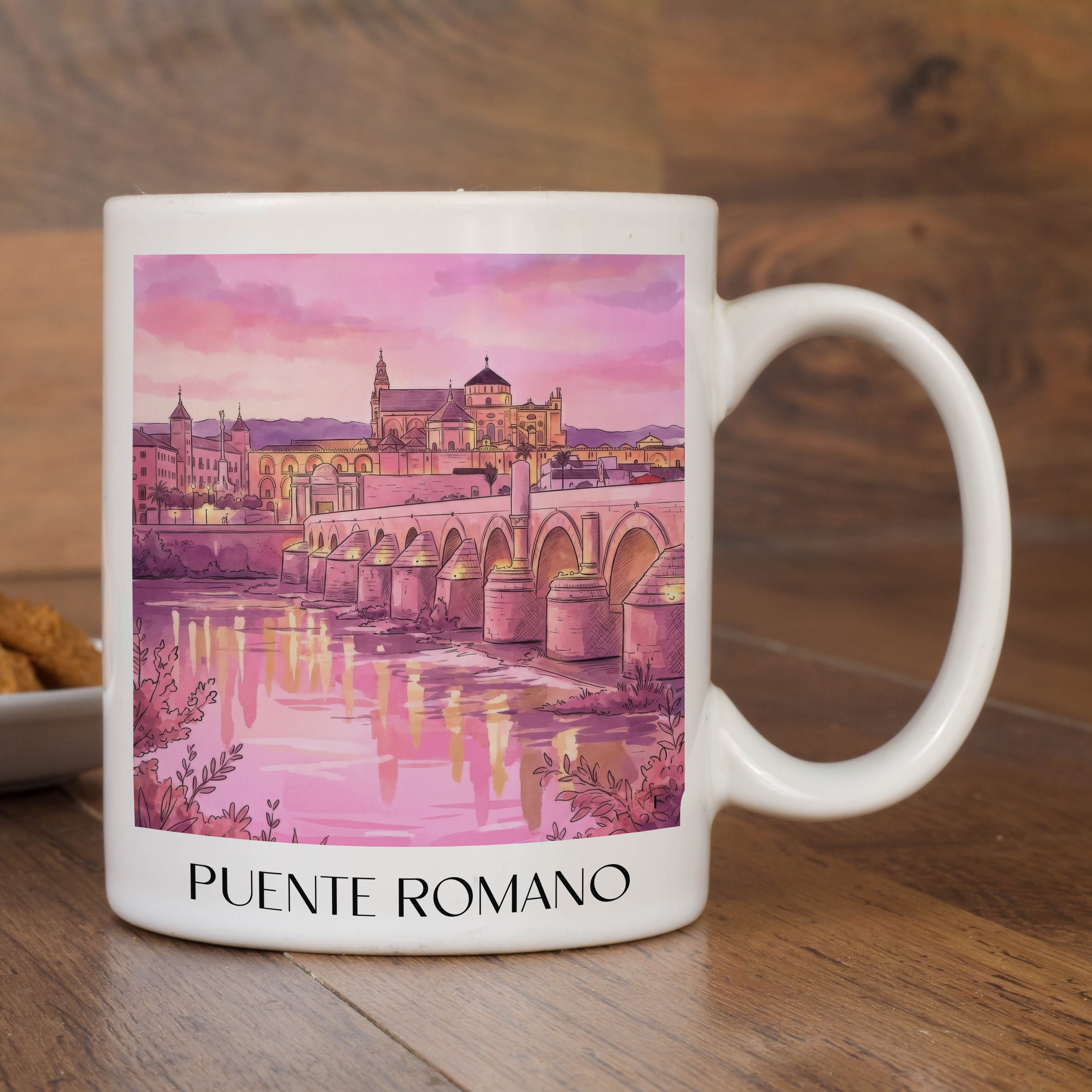 puente-romano-córdoba-spanien-kaffeebecher-aquarell-pink-rosa