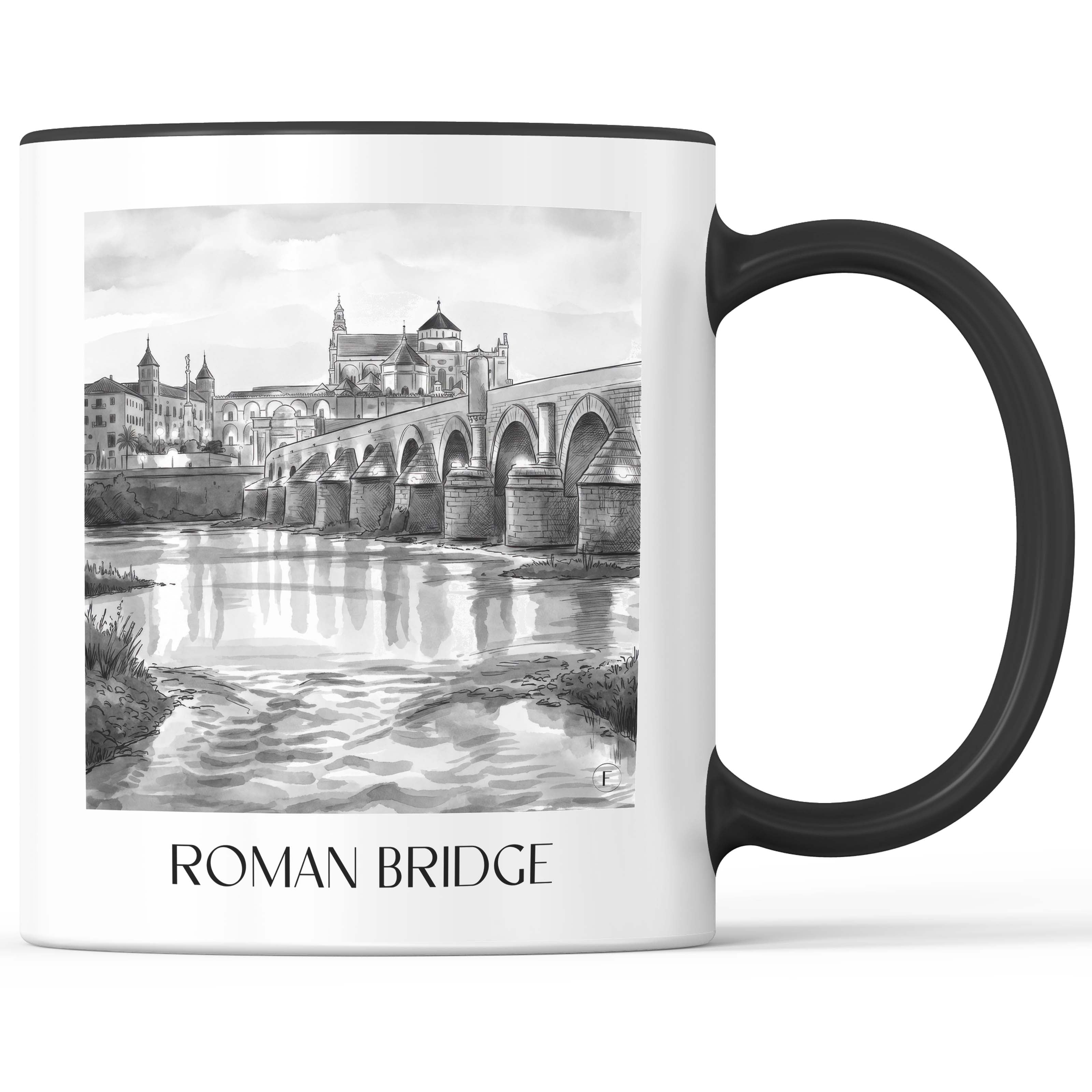 Puente Romano Kaffeebecher - Córdoba - Spanien Becher - Kaffeetasse im Aquarell Schwarz-Weiß Stil - favplace