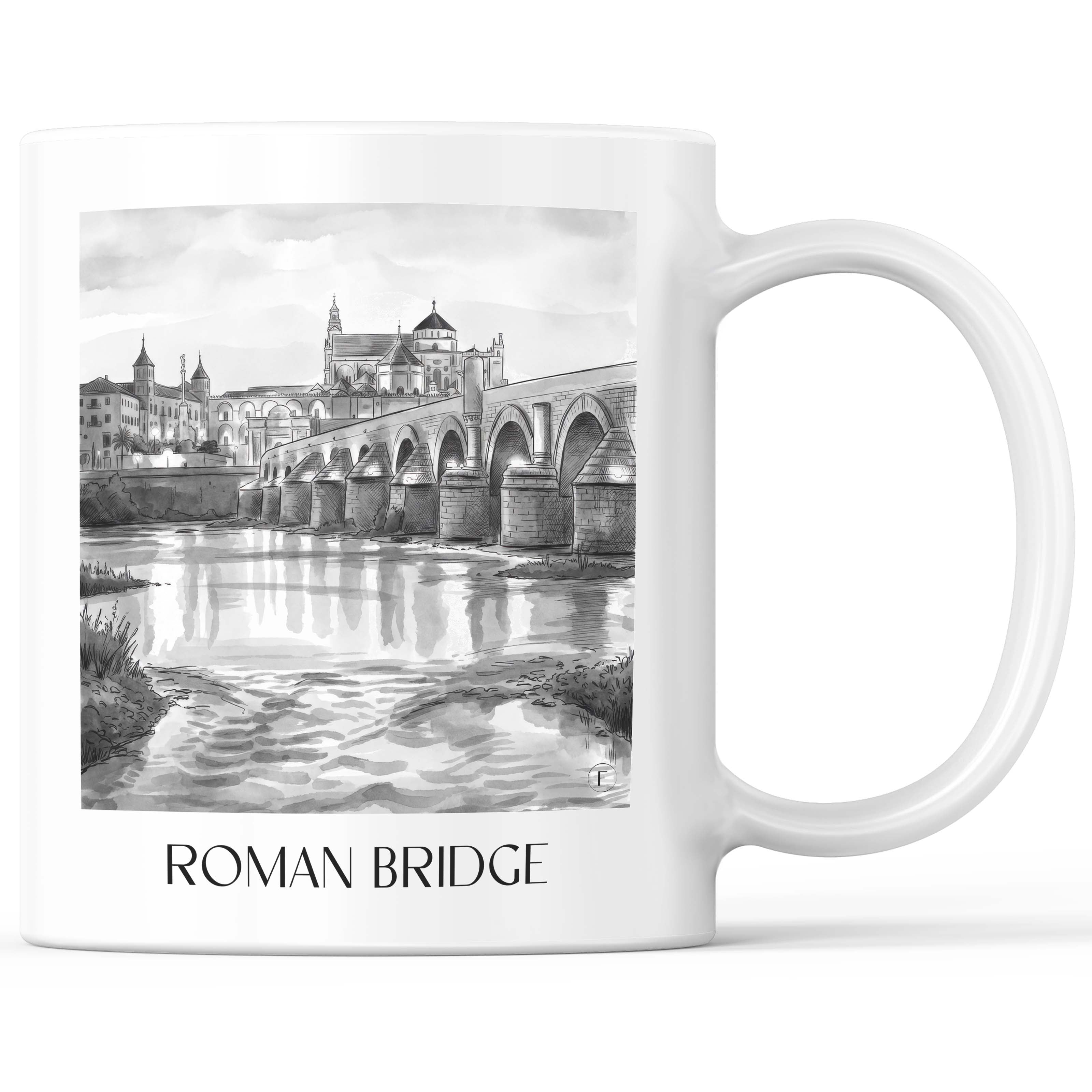 Puente Romano Kaffeebecher - Córdoba - Spanien Becher - Kaffeetasse im Aquarell Schwarz-Weiß Stil - favplace