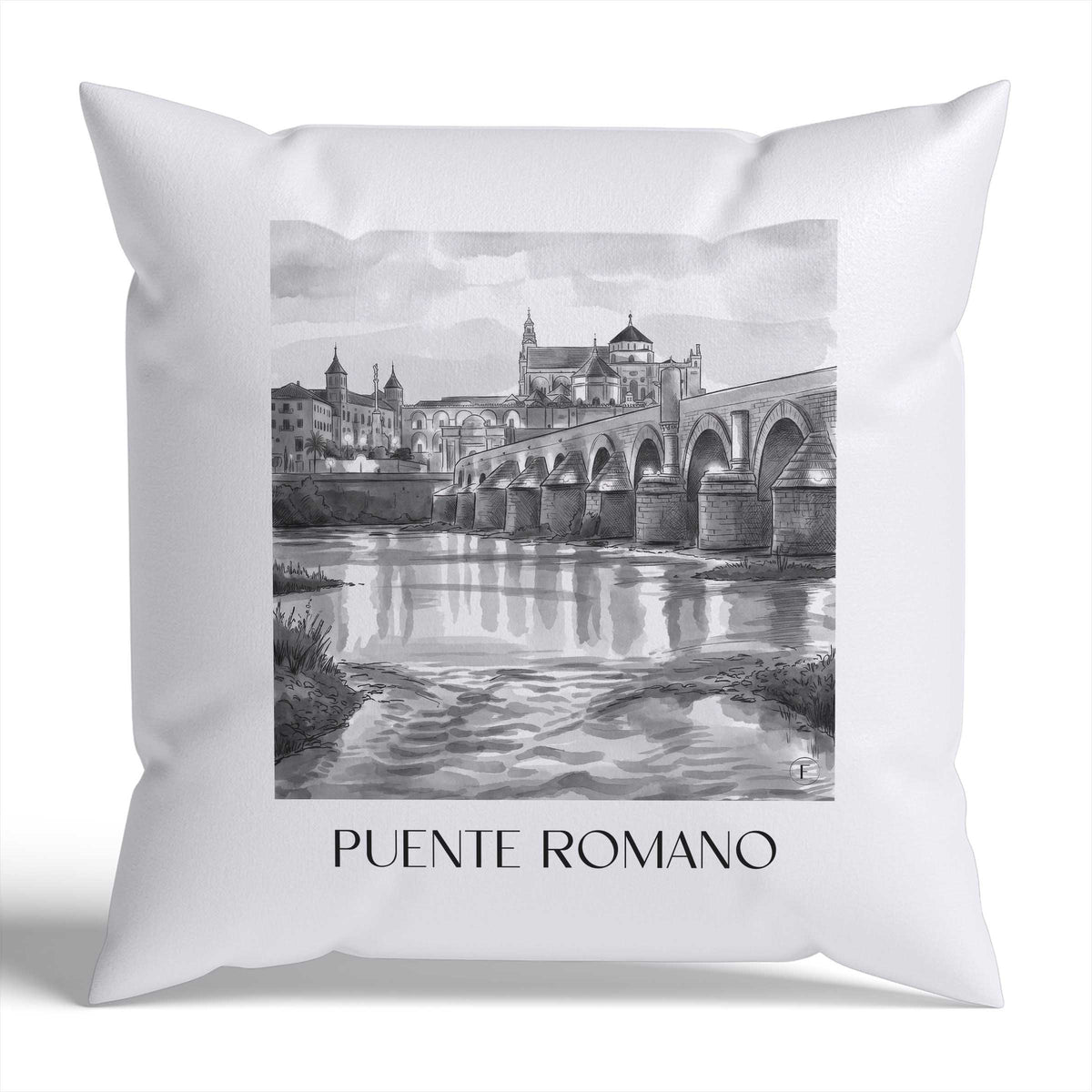 puente-romano-córdoba-spanien-kissenbezug-aquarell-schwarz-weiss